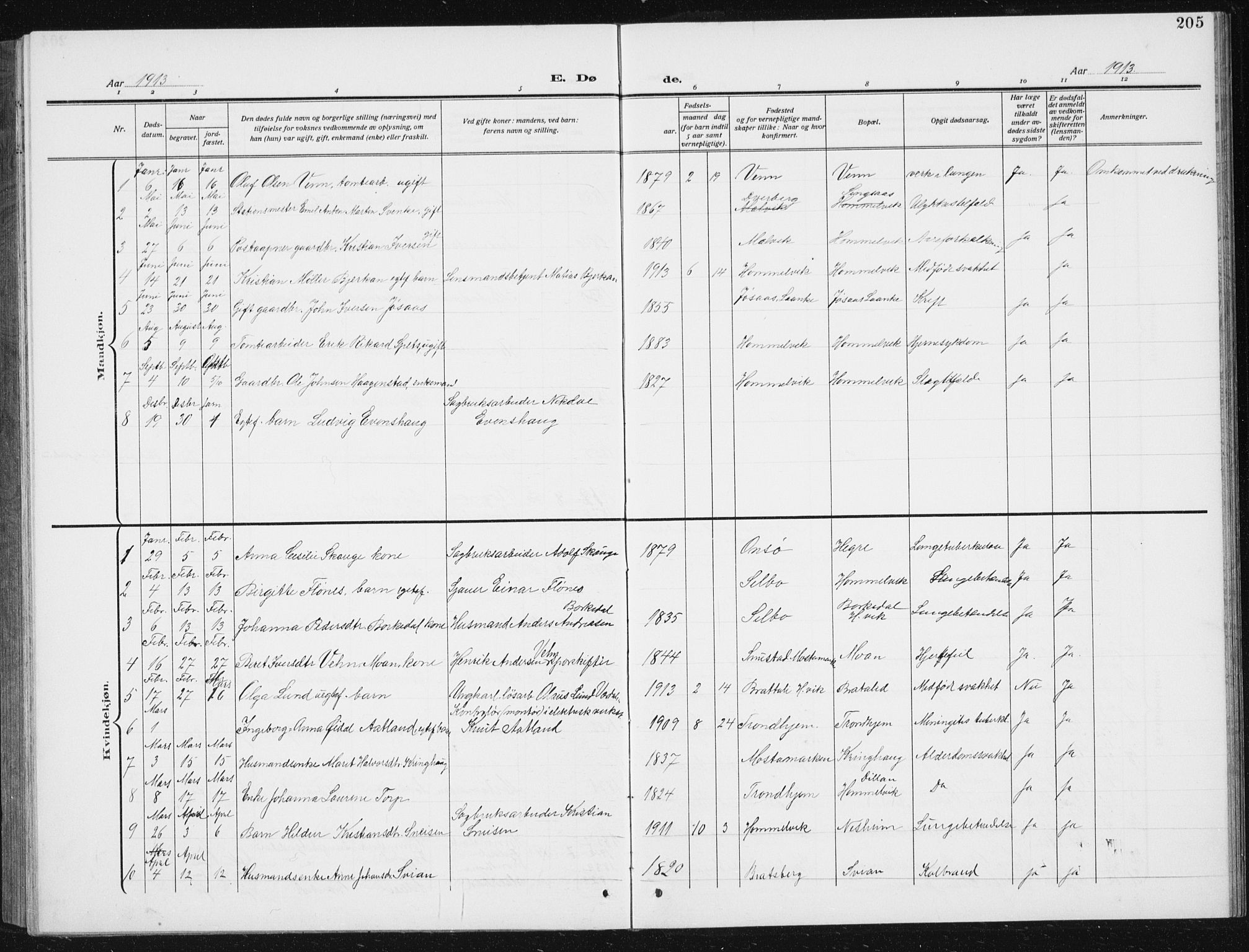 Ministerialprotokoller, klokkerbøker og fødselsregistre - Sør-Trøndelag, SAT/A-1456/617/L0431: Parish register (copy) no. 617C02, 1910-1936, p. 205