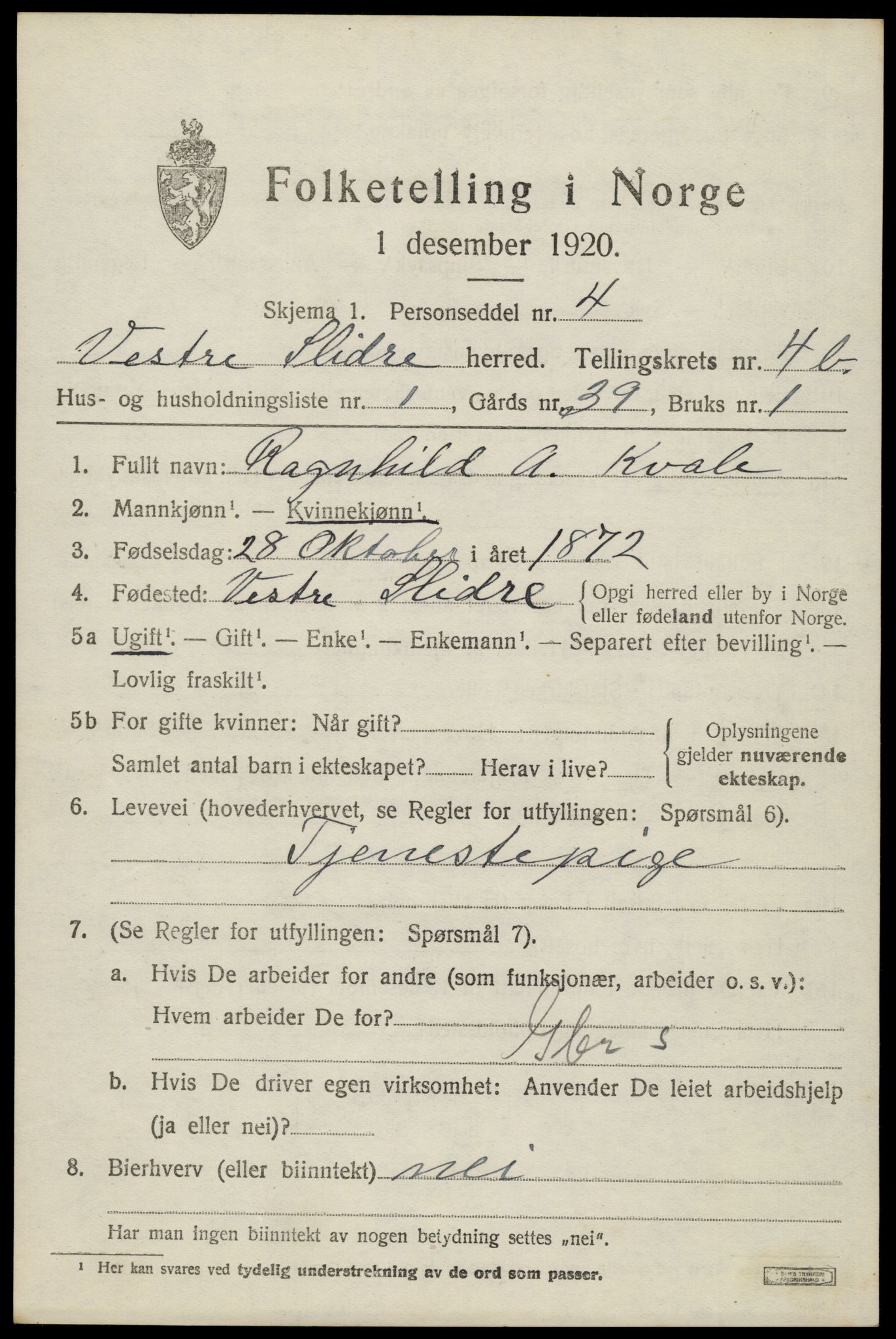 SAH, 1920 census for Vestre Slidre, 1920, p. 2284