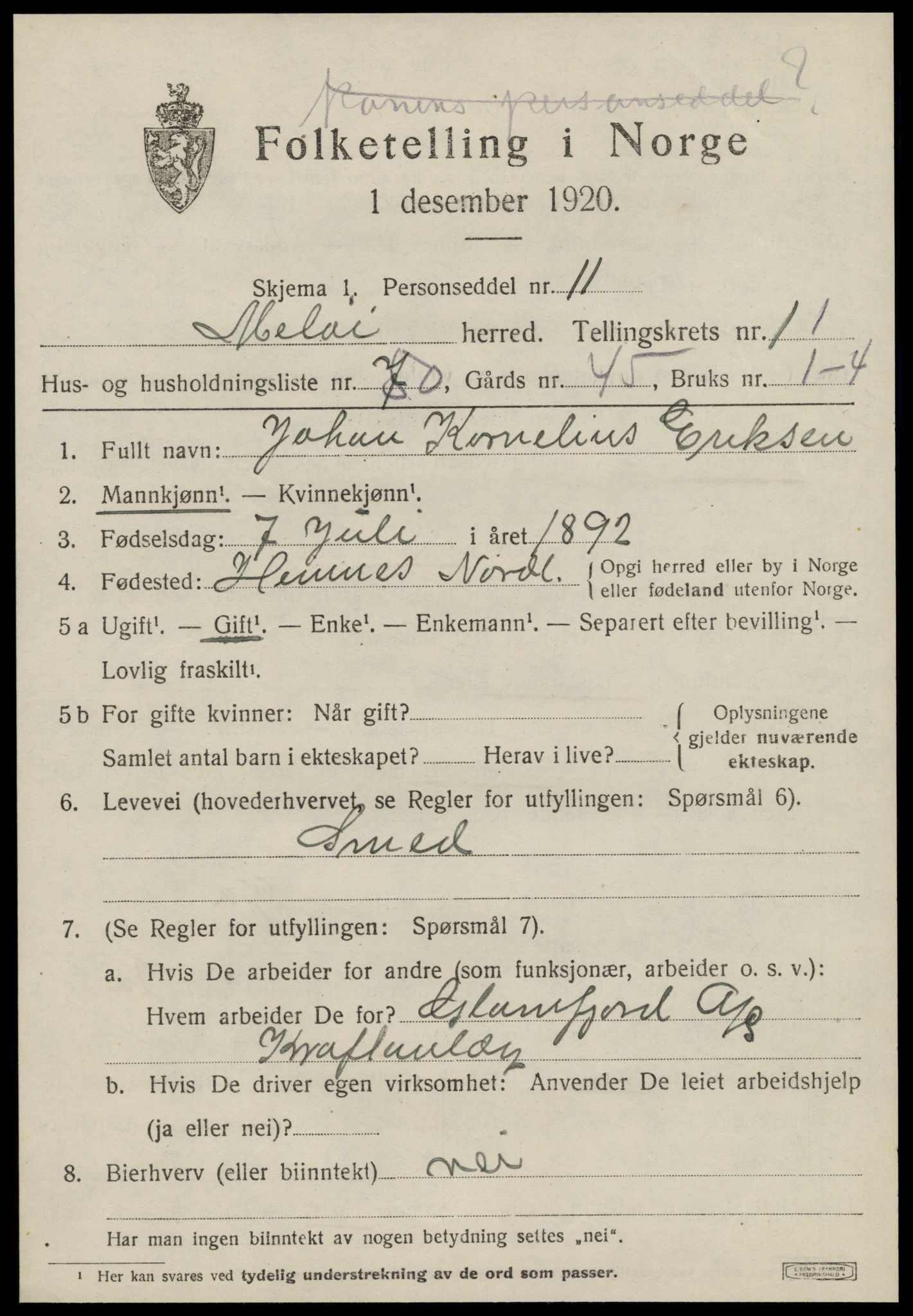 SAT, 1920 census for Meløy, 1920, p. 6645