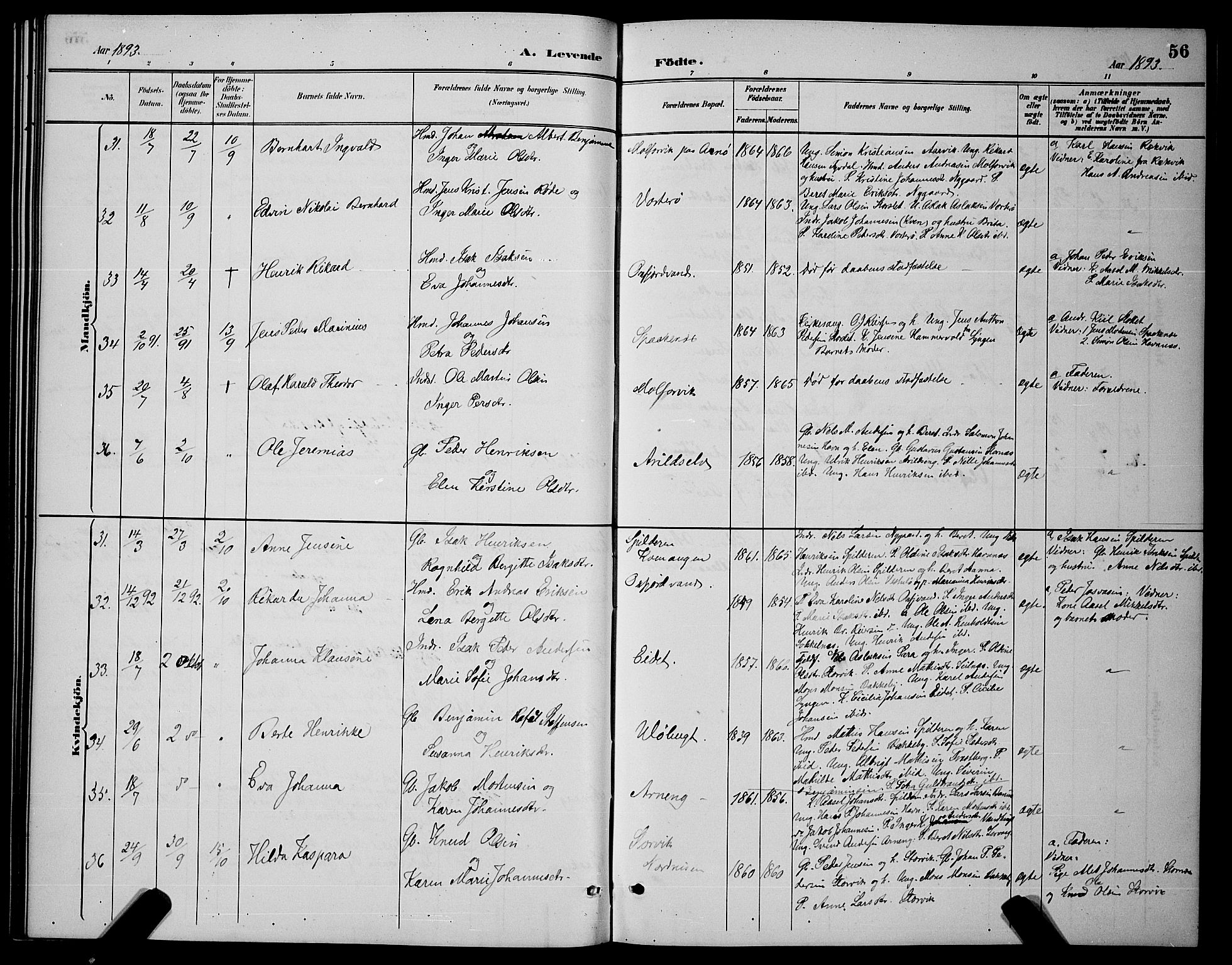 Skjervøy sokneprestkontor, AV/SATØ-S-1300/H/Ha/Hab/L0007klokker: Parish register (copy) no. 7, 1889-1899, p. 56