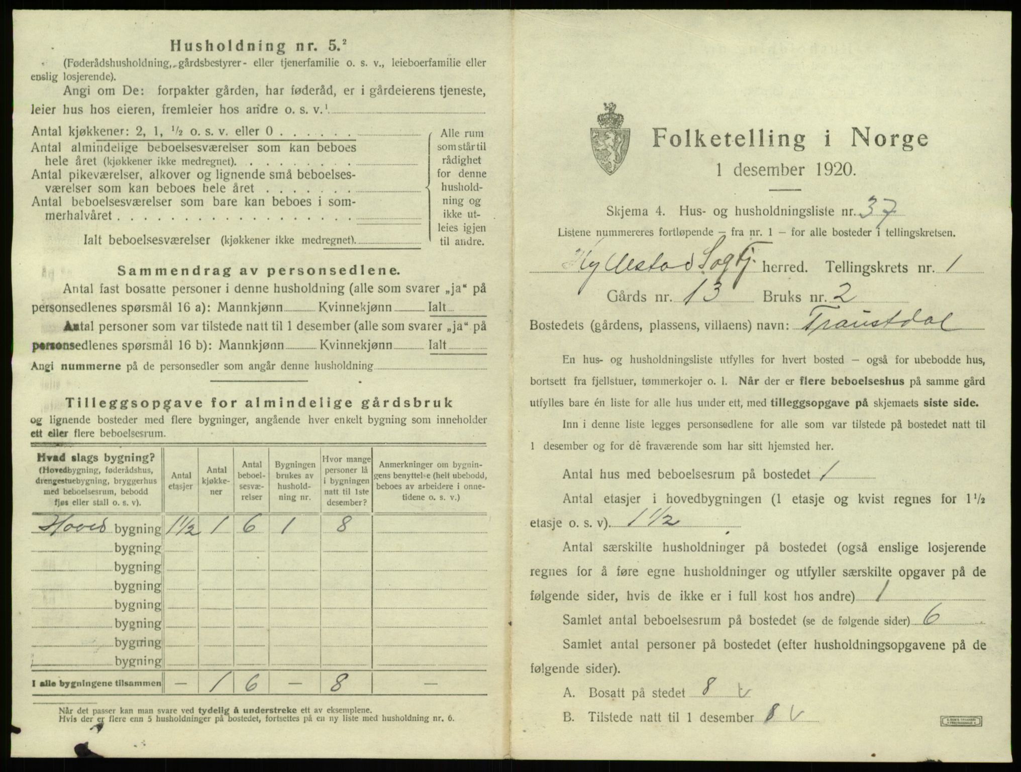 SAB, 1920 census for Hyllestad, 1920, p. 121