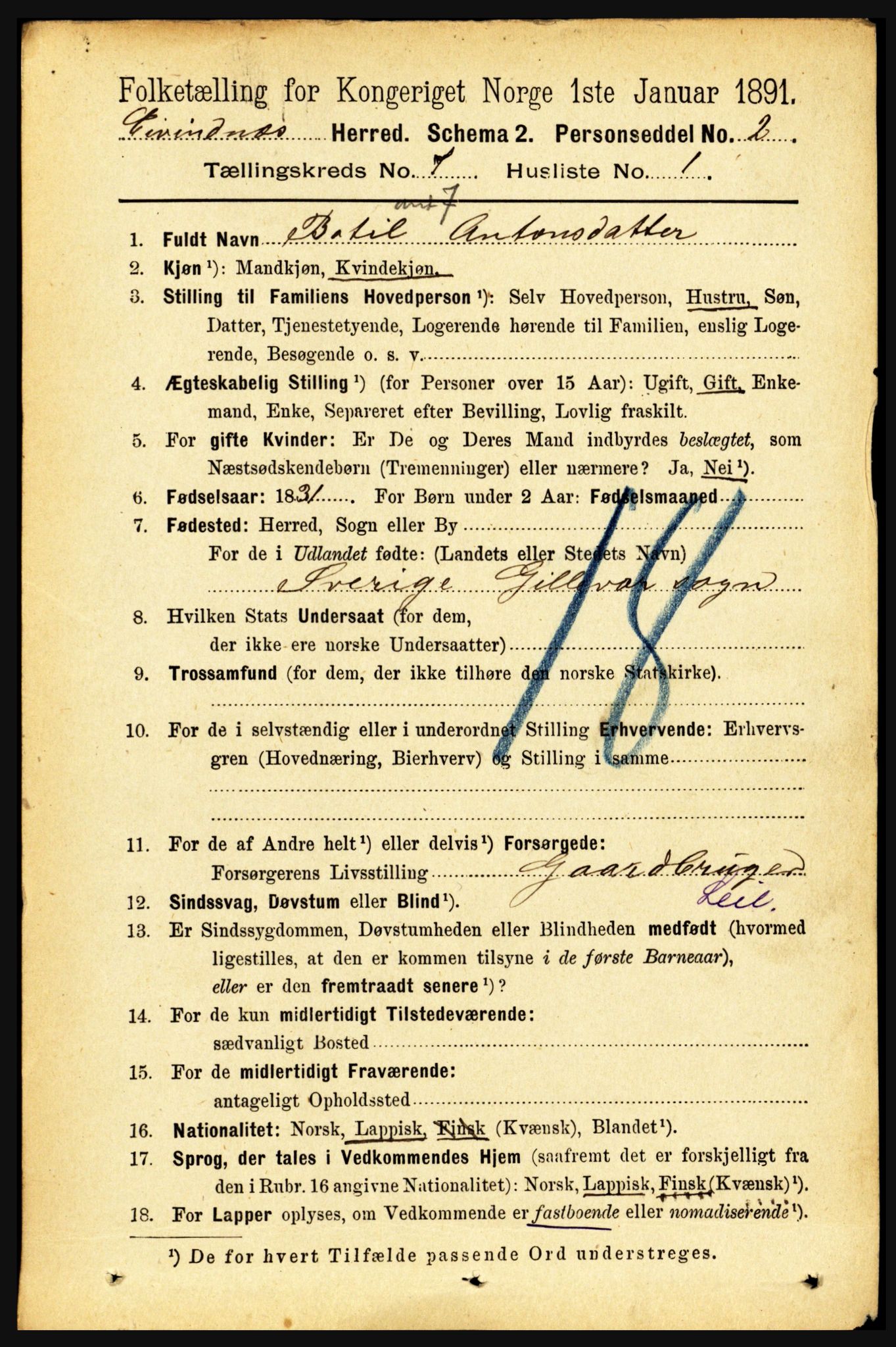 RA, 1891 census for 1853 Evenes, 1891, p. 2173