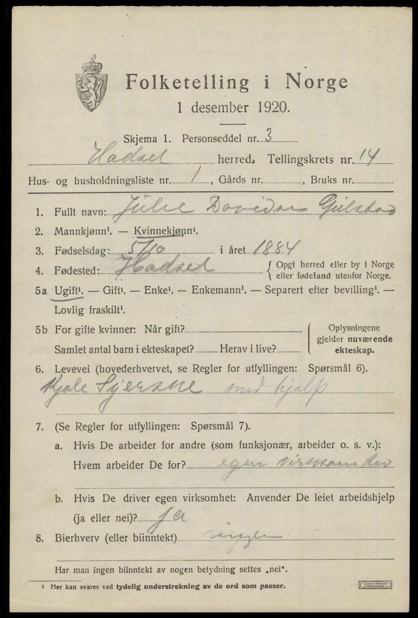 SAT, 1920 census for Hadsel, 1920, p. 11870