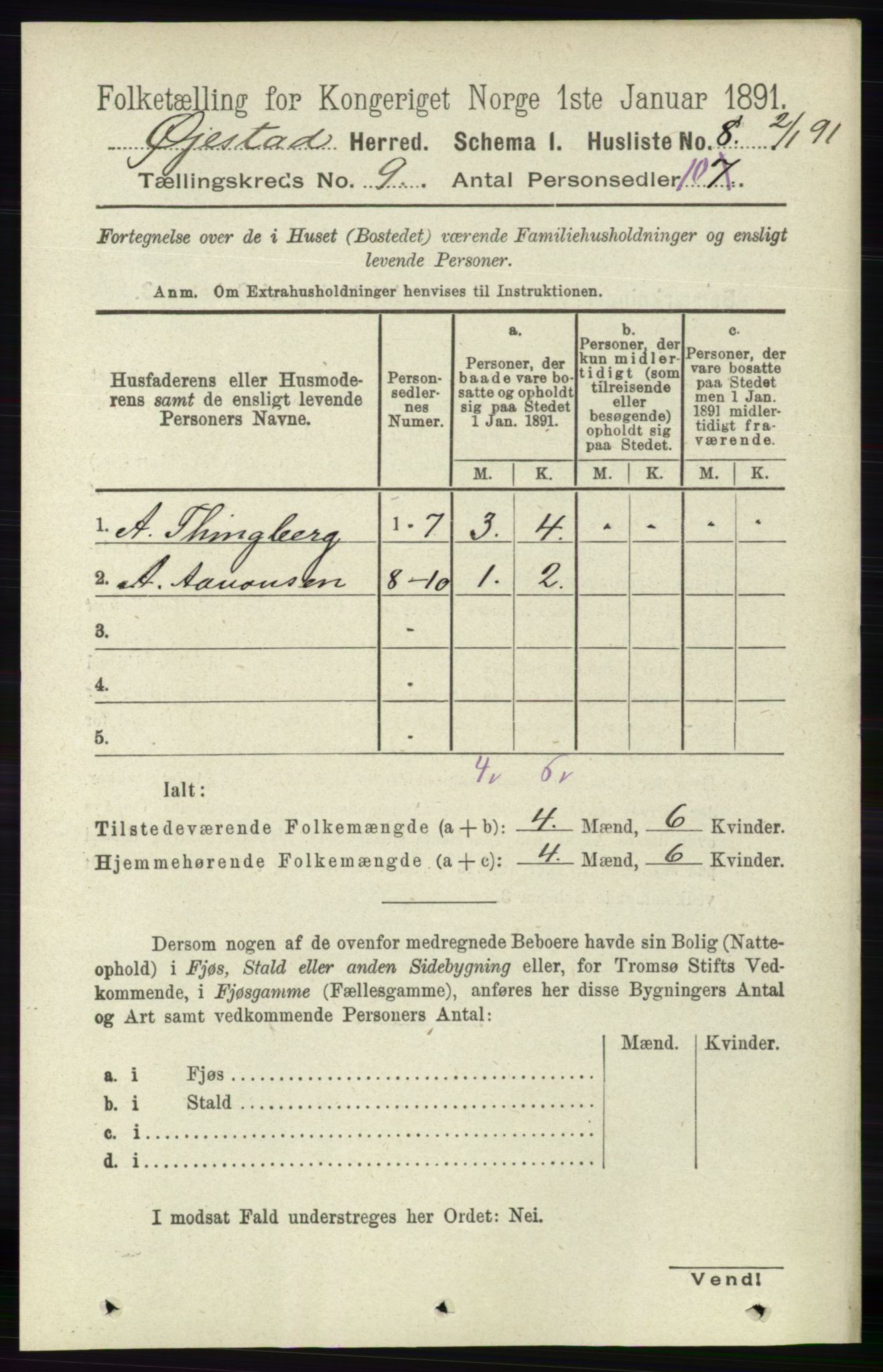 RA, 1891 census for 0920 Øyestad, 1891, p. 3479