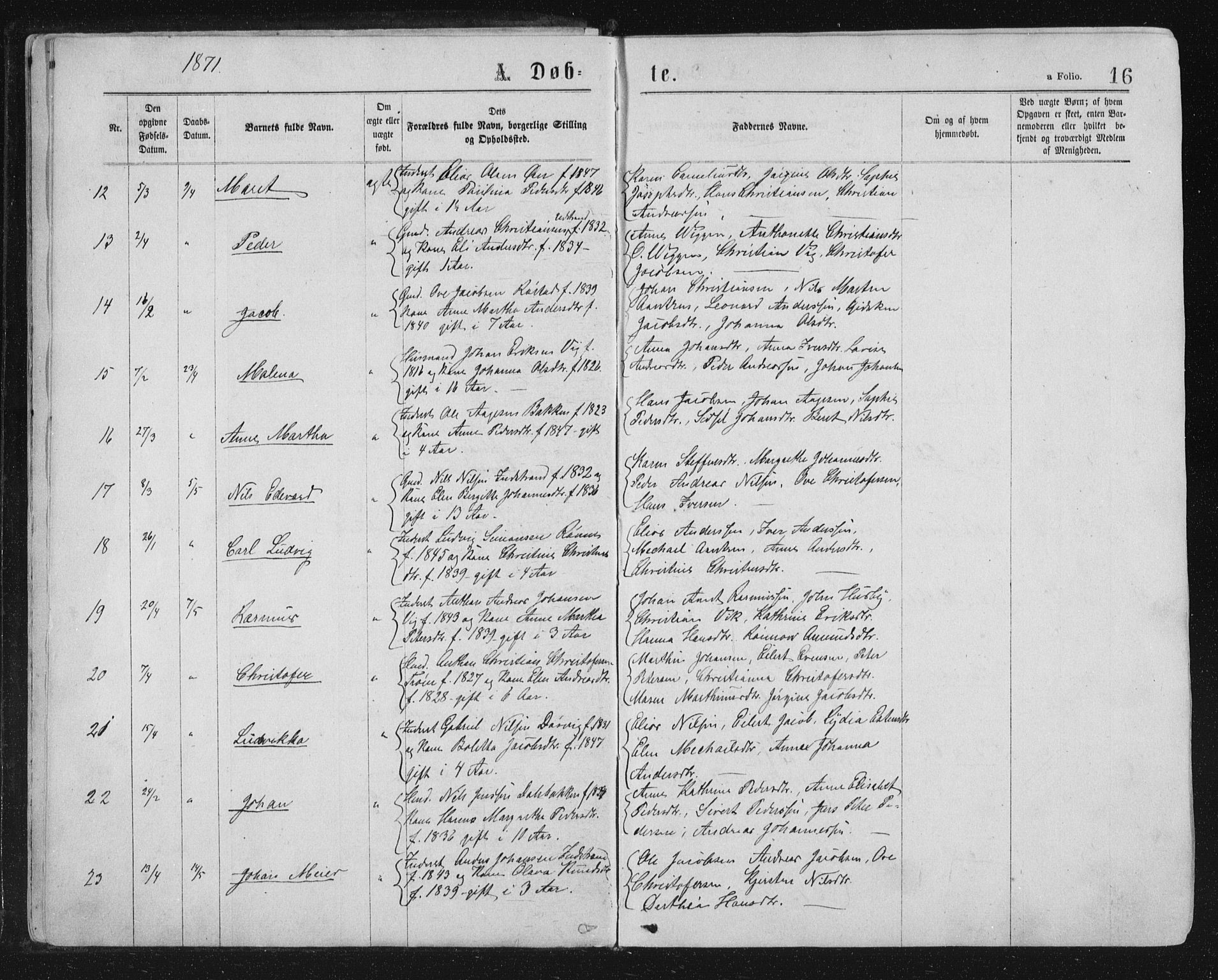 Ministerialprotokoller, klokkerbøker og fødselsregistre - Sør-Trøndelag, SAT/A-1456/659/L0745: Parish register (copy) no. 659C02, 1869-1892, p. 16