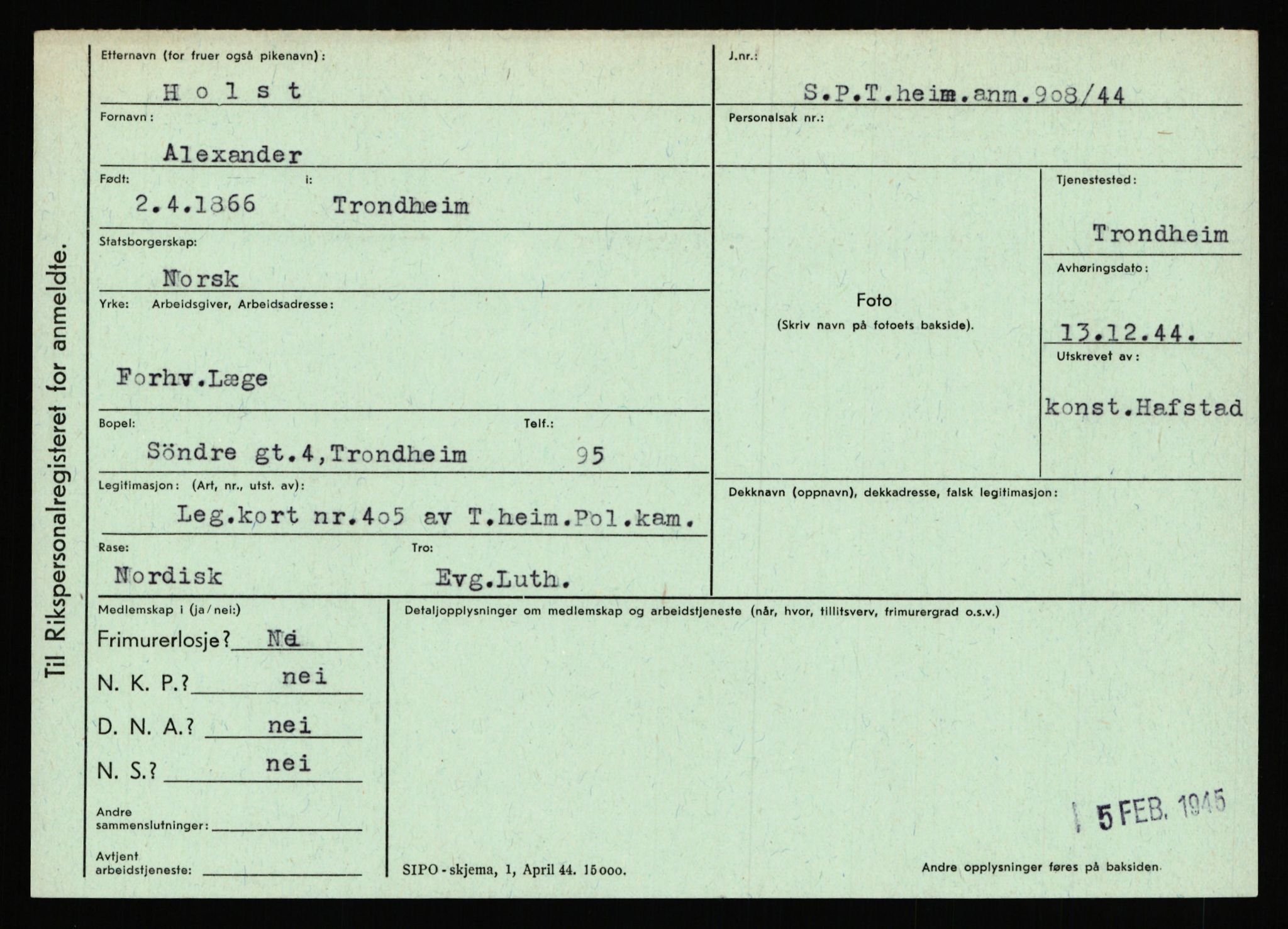 Statspolitiet - Hovedkontoret / Osloavdelingen, AV/RA-S-1329/C/Ca/L0007: Hol - Joelsen, 1943-1945, p. 464