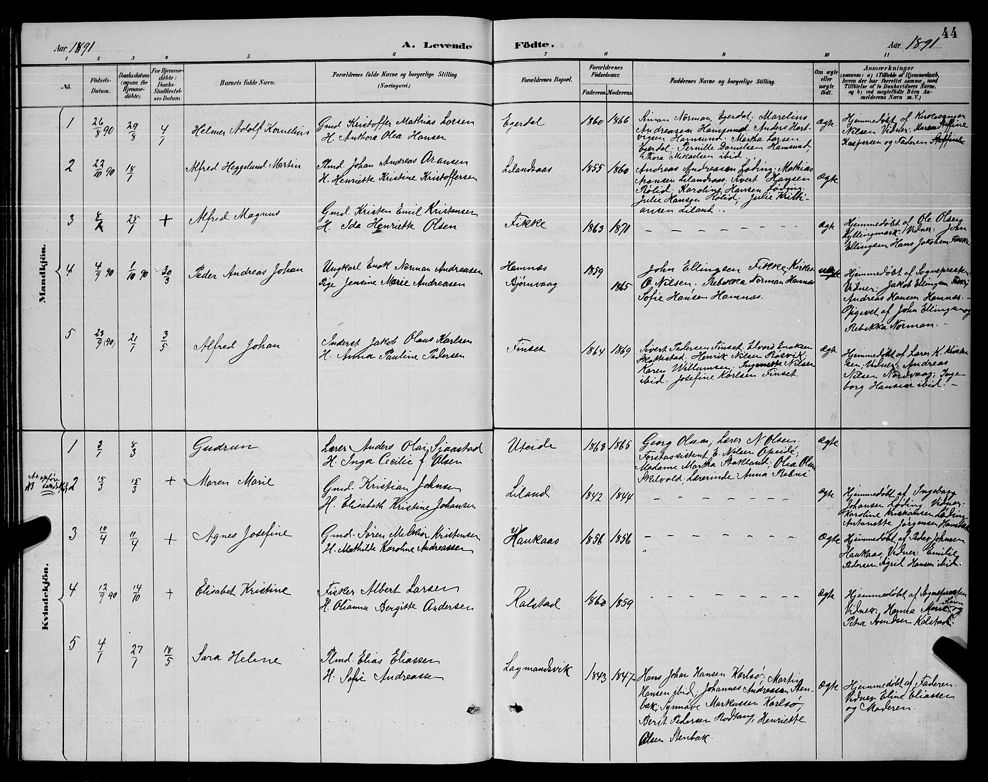 Ministerialprotokoller, klokkerbøker og fødselsregistre - Nordland, SAT/A-1459/859/L0859: Parish register (copy) no. 859C05, 1887-1898, p. 44