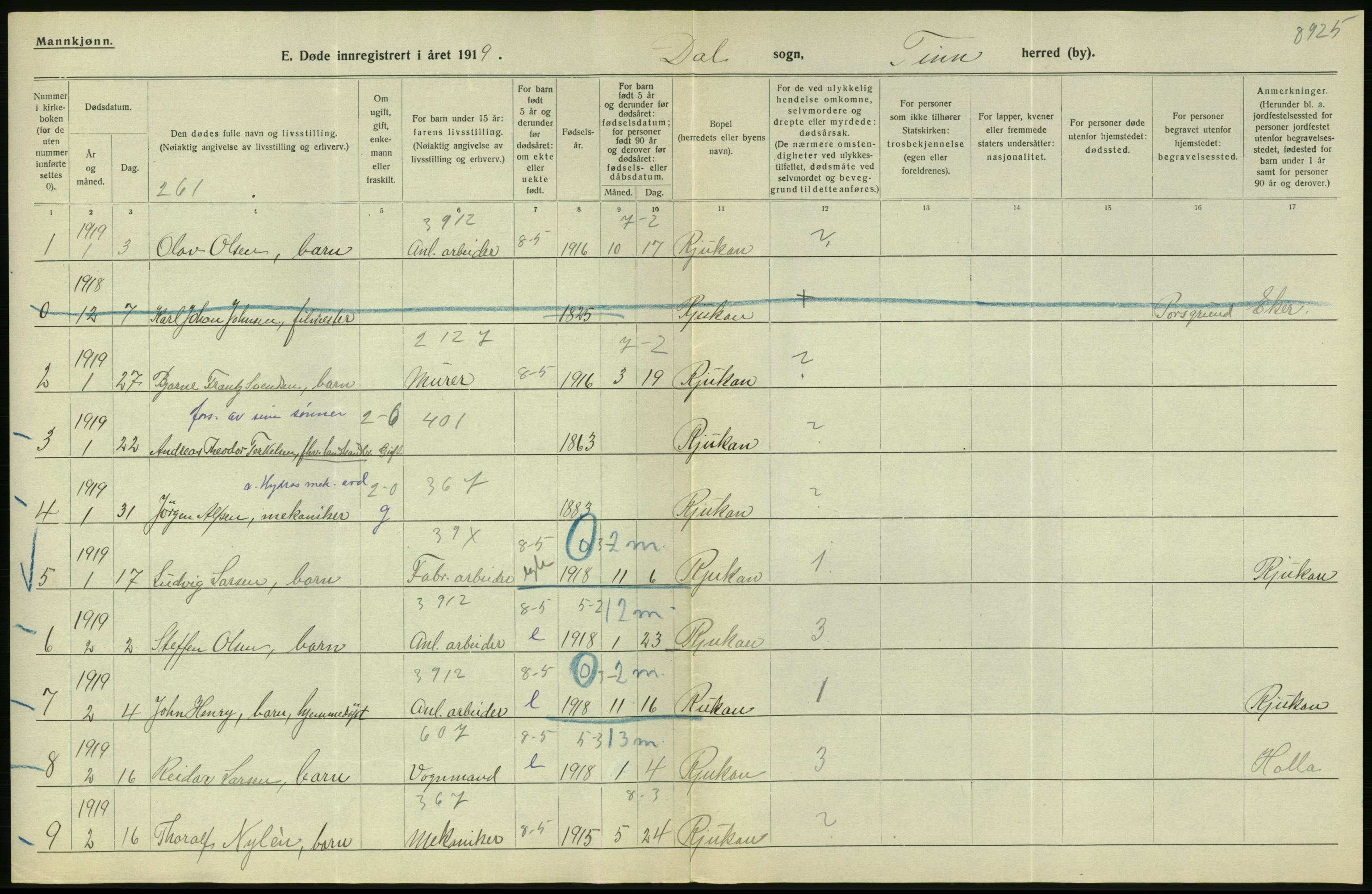 Statistisk sentralbyrå, Sosiodemografiske emner, Befolkning, RA/S-2228/D/Df/Dfb/Dfbi/L0023: Telemark fylke: Døde. Bygder og byer., 1919, p. 120