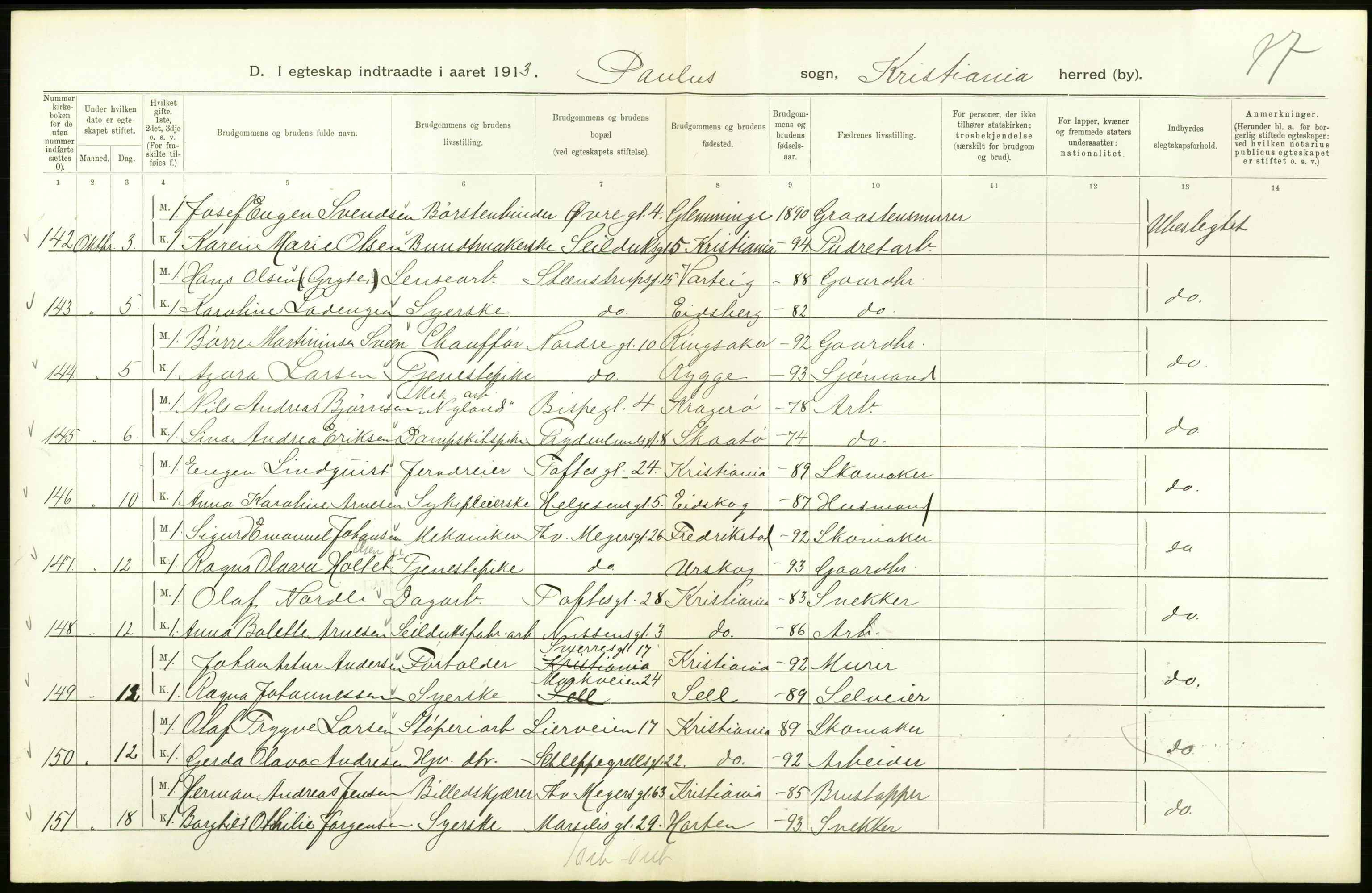 Statistisk sentralbyrå, Sosiodemografiske emner, Befolkning, AV/RA-S-2228/D/Df/Dfb/Dfbc/L0008: Kristiania: Gifte., 1913, p. 298