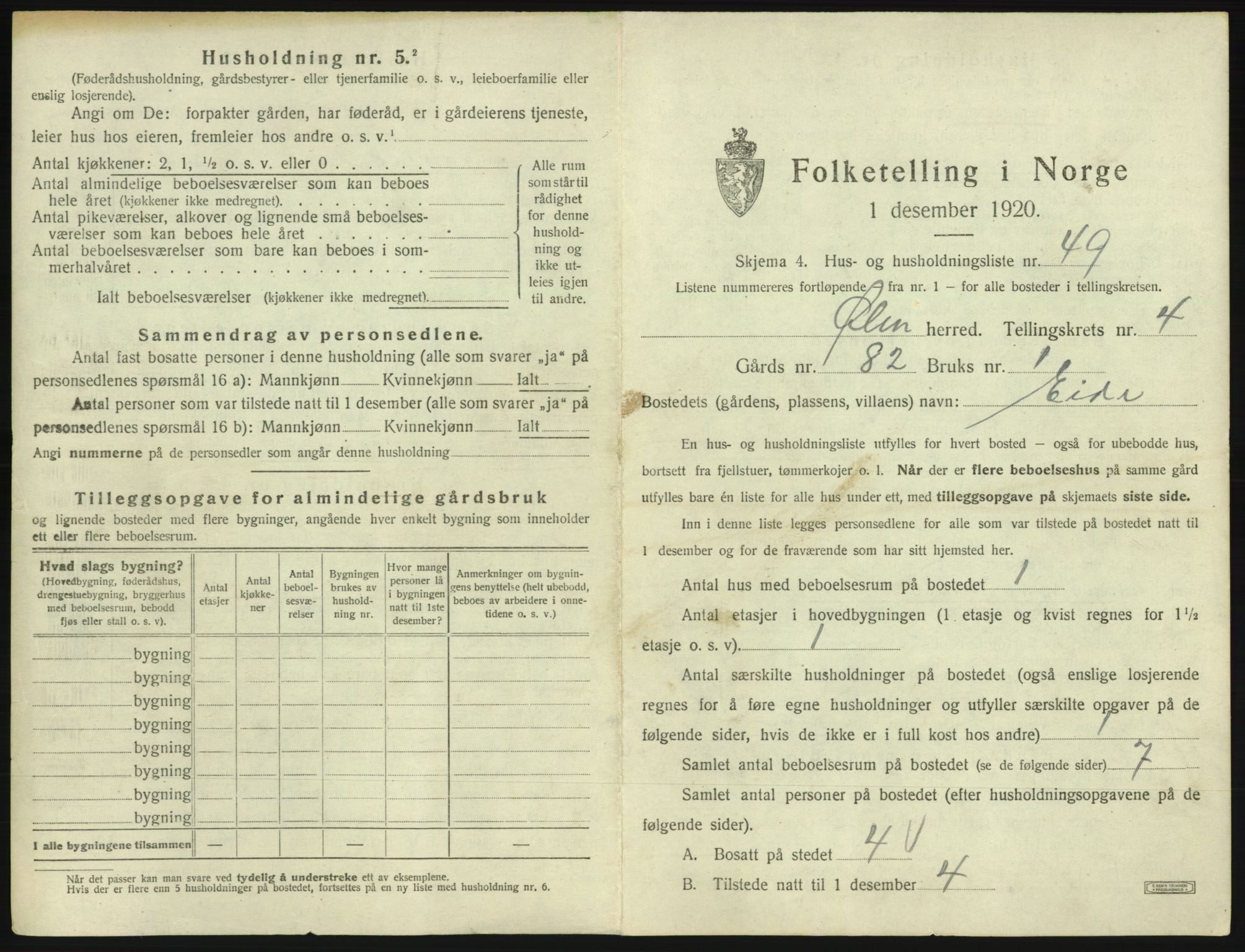 SAB, 1920 census for Ølen, 1920, p. 360