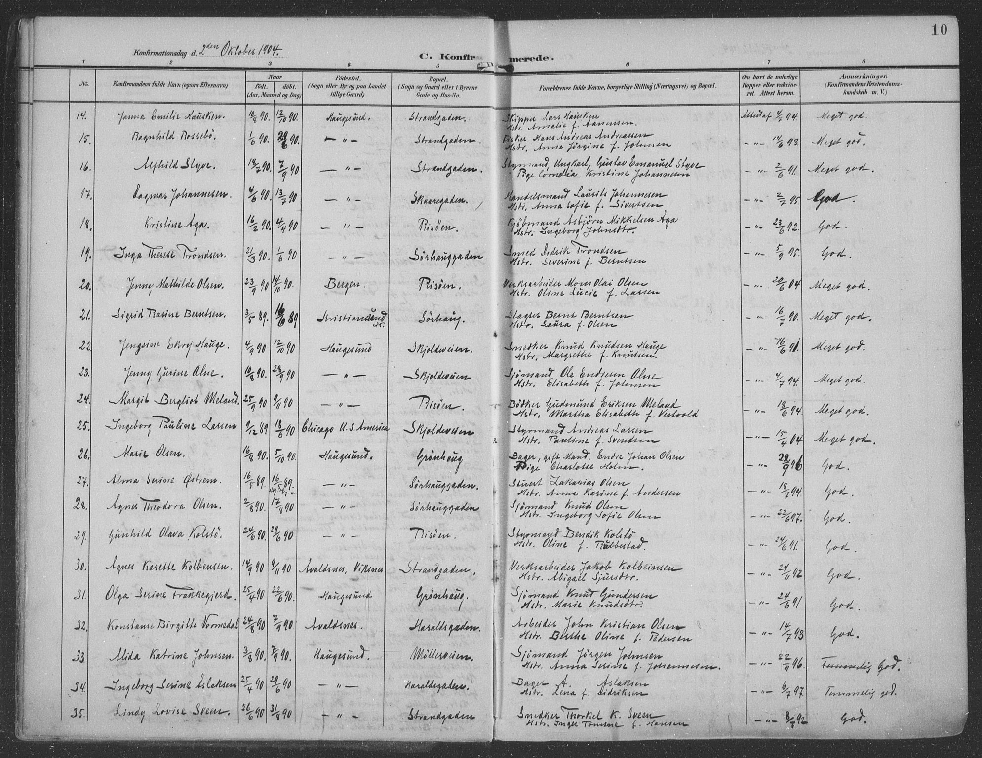 Haugesund sokneprestkontor, AV/SAST-A -101863/H/Ha/Haa/L0007: Parish register (official) no. A 7, 1904-1916, p. 10