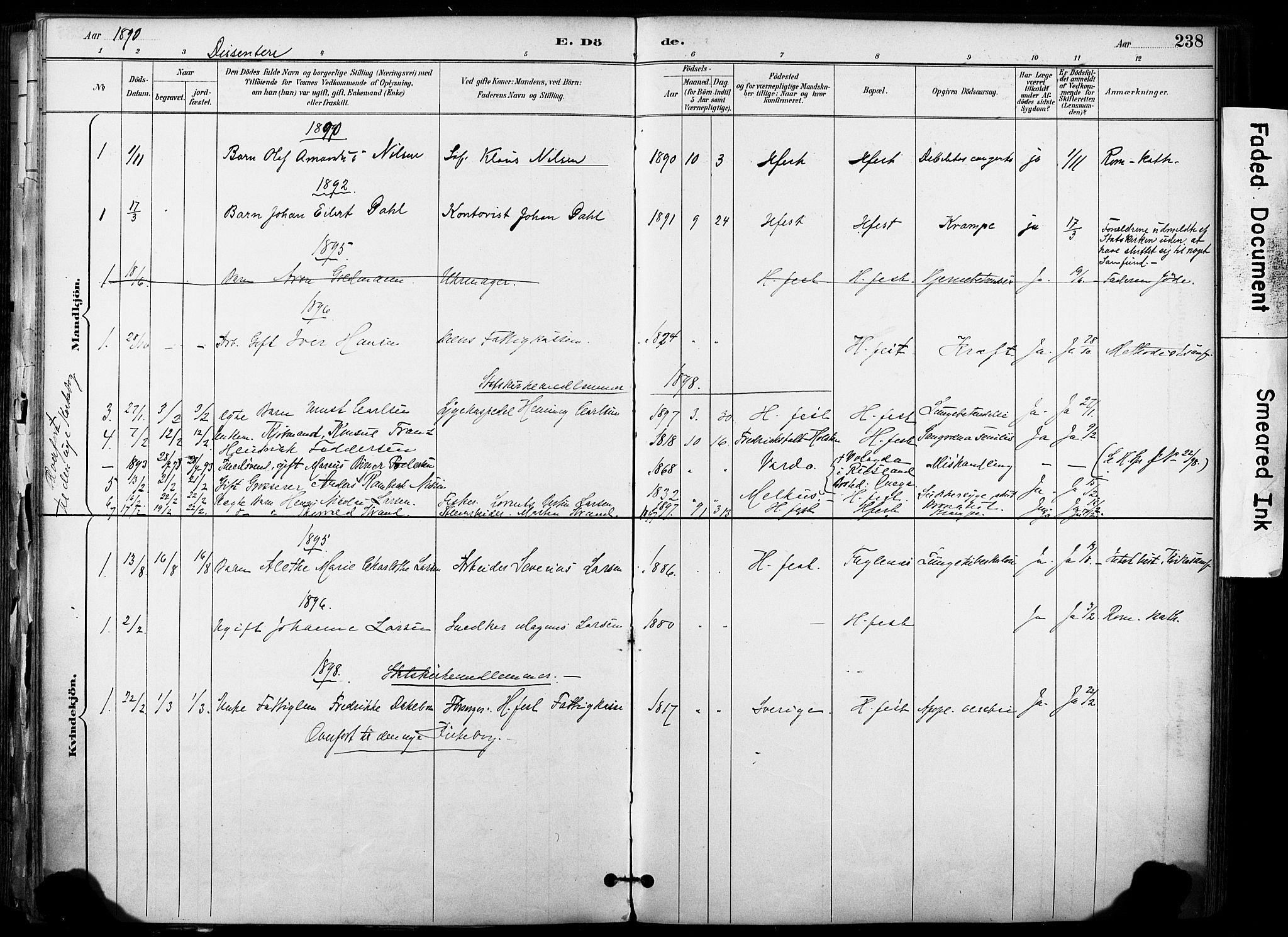 Hammerfest sokneprestkontor, AV/SATØ-S-1347/H/Ha/L0009.kirke: Parish register (official) no. 9, 1889-1897, p. 238