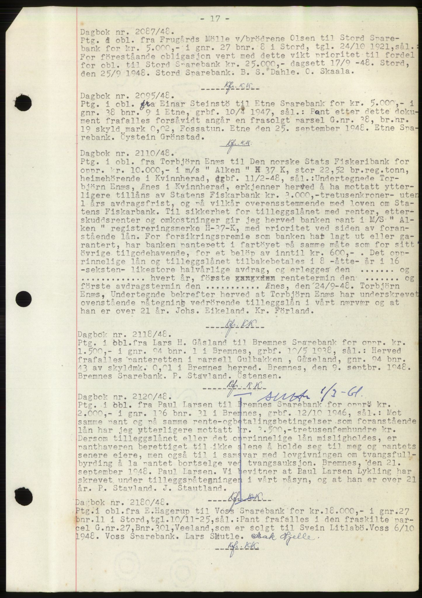 Sunnhordland sorenskrivar, AV/SAB-A-2401: Mortgage book no. B75-79, 1948-1950, Diary no: : 2087/1948