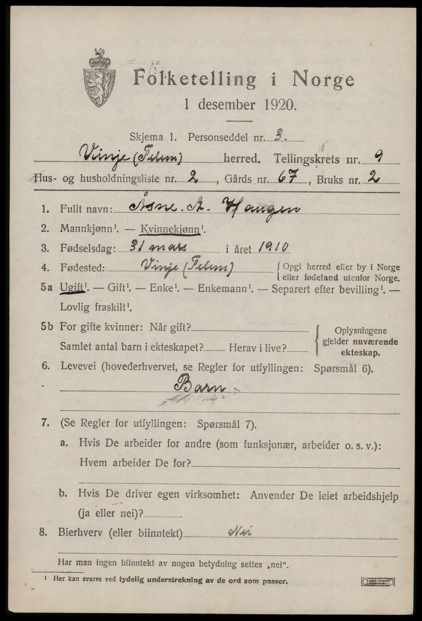 SAKO, 1920 census for Vinje, 1920, p. 2659