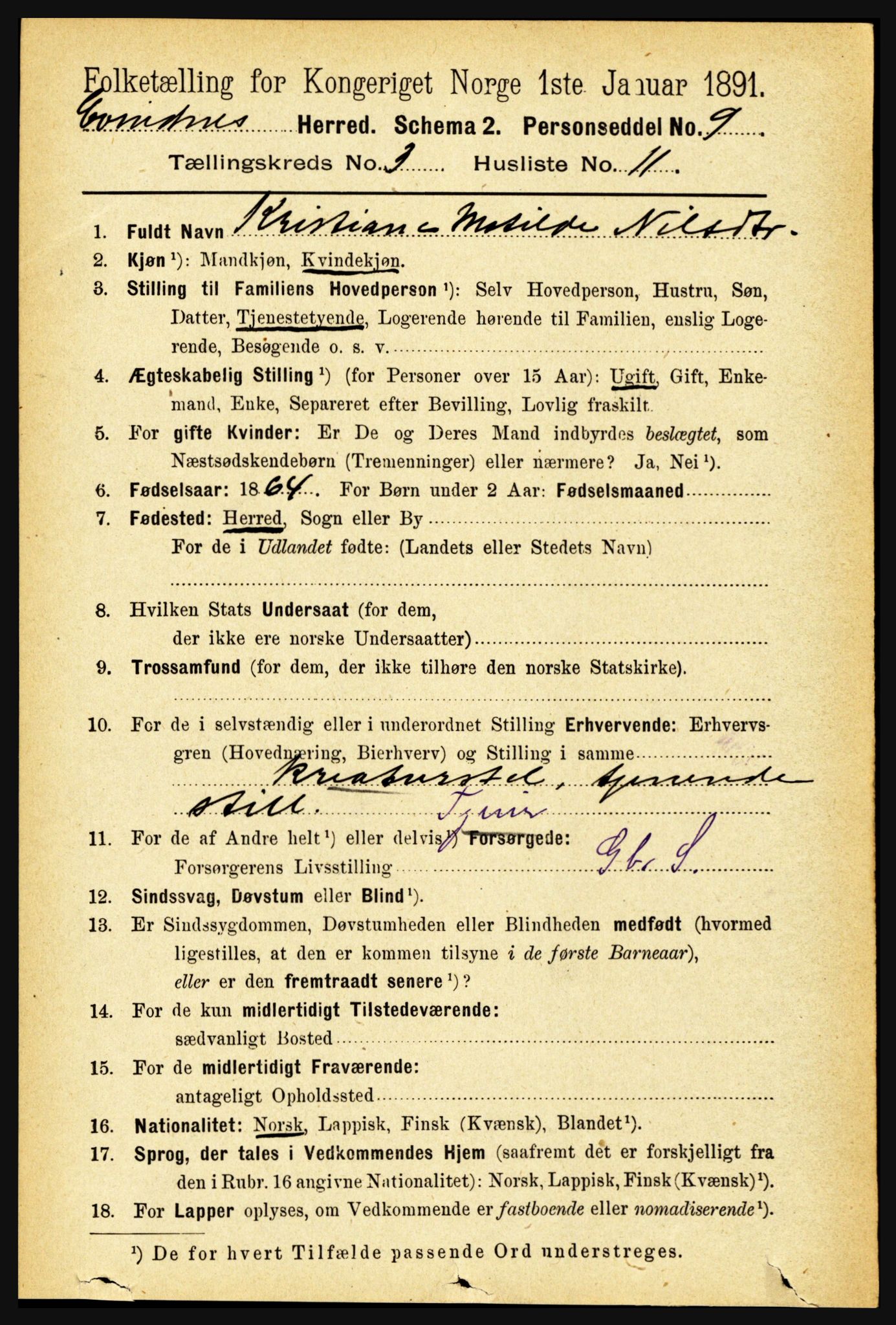 RA, 1891 census for 1853 Evenes, 1891, p. 833