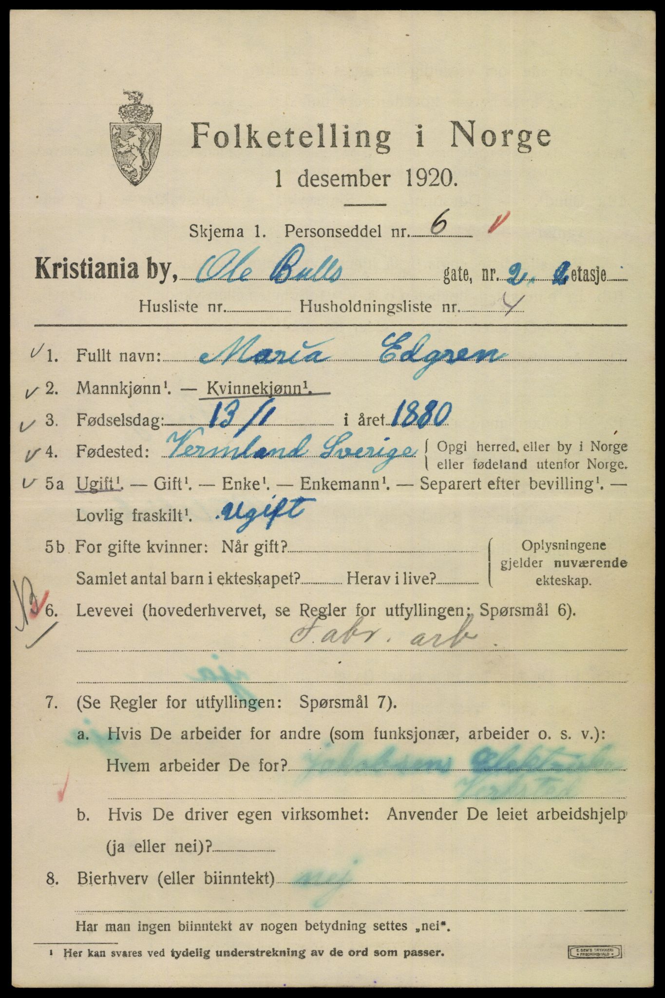 SAO, 1920 census for Kristiania, 1920, p. 432919