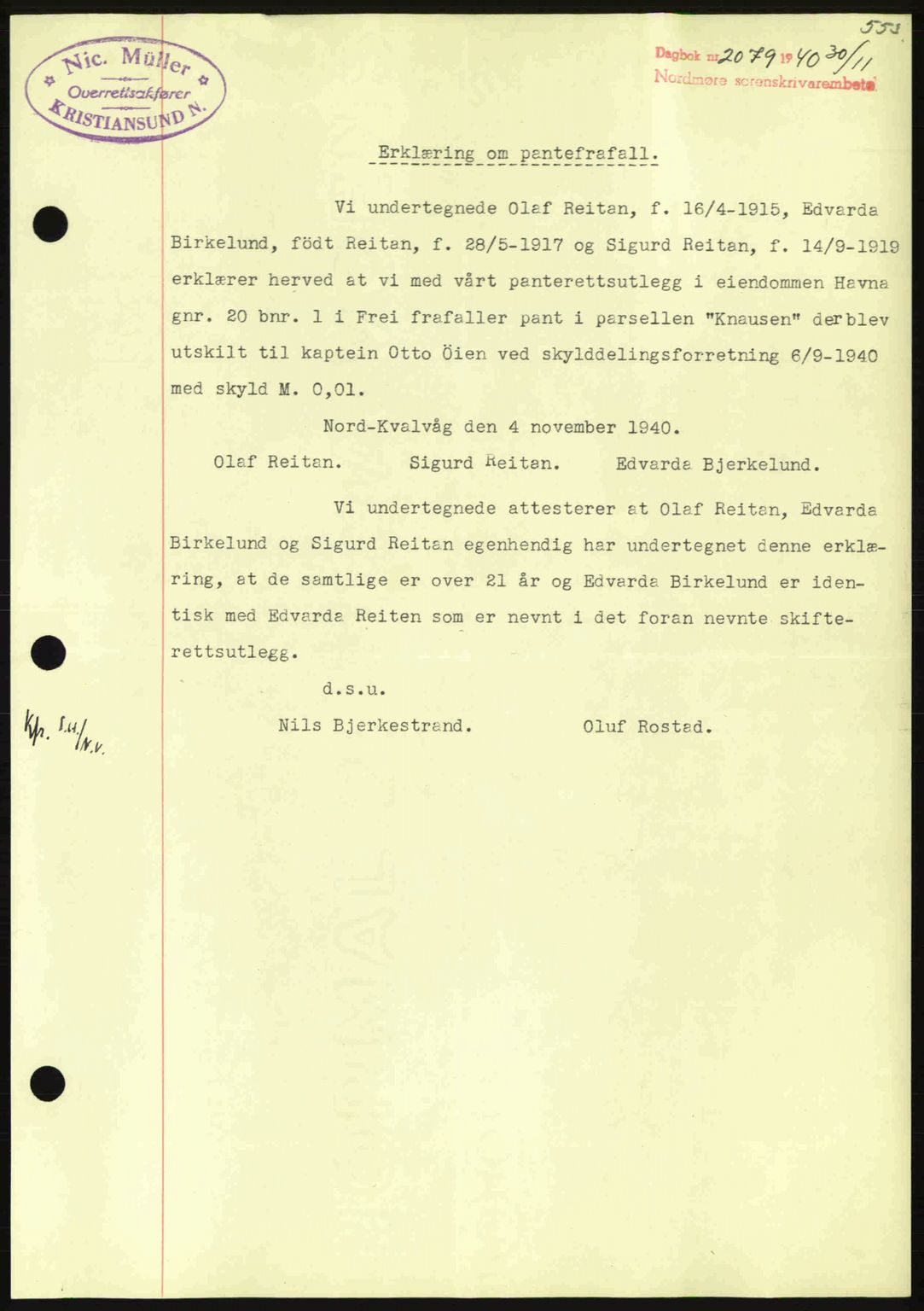 Nordmøre sorenskriveri, AV/SAT-A-4132/1/2/2Ca: Mortgage book no. B87, 1940-1941, Diary no: : 2079/1940