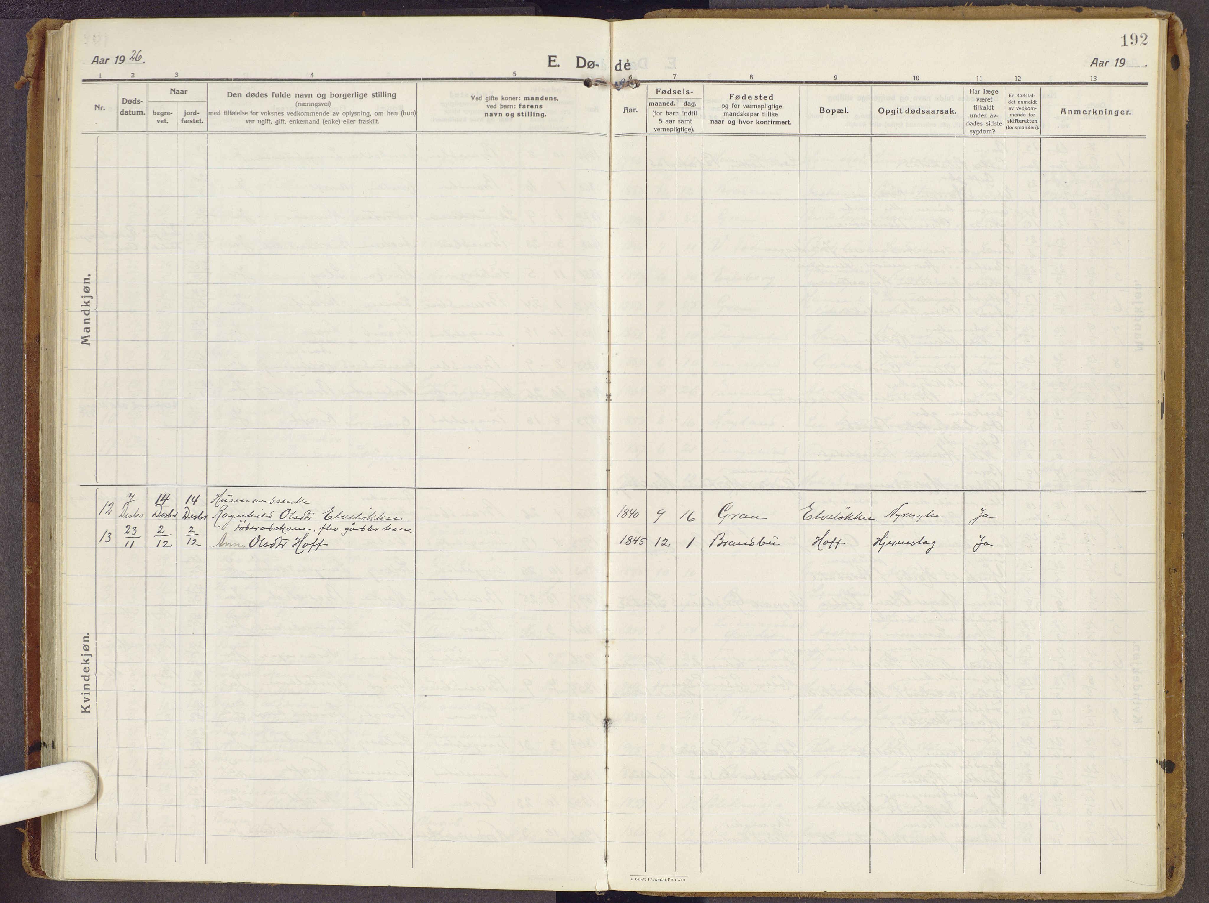 Brandbu prestekontor, SAH/PREST-114/H/Ha/Haa/L0003: Parish register (official) no. 3, 1914-1928, p. 192