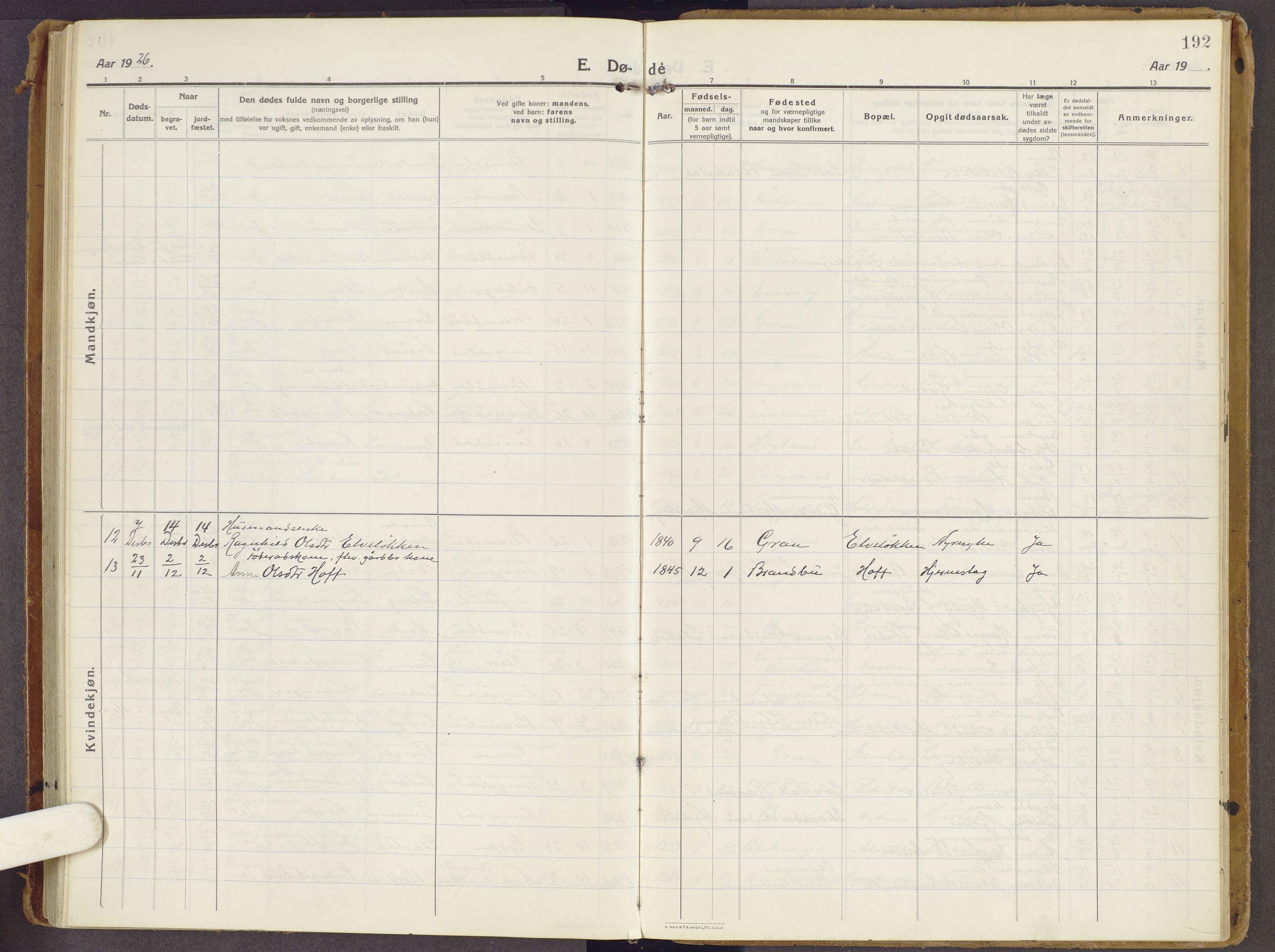 Brandbu prestekontor, AV/SAH-PREST-114/H/Ha/Haa/L0003: Parish register (official) no. 3, 1914-1928, p. 192