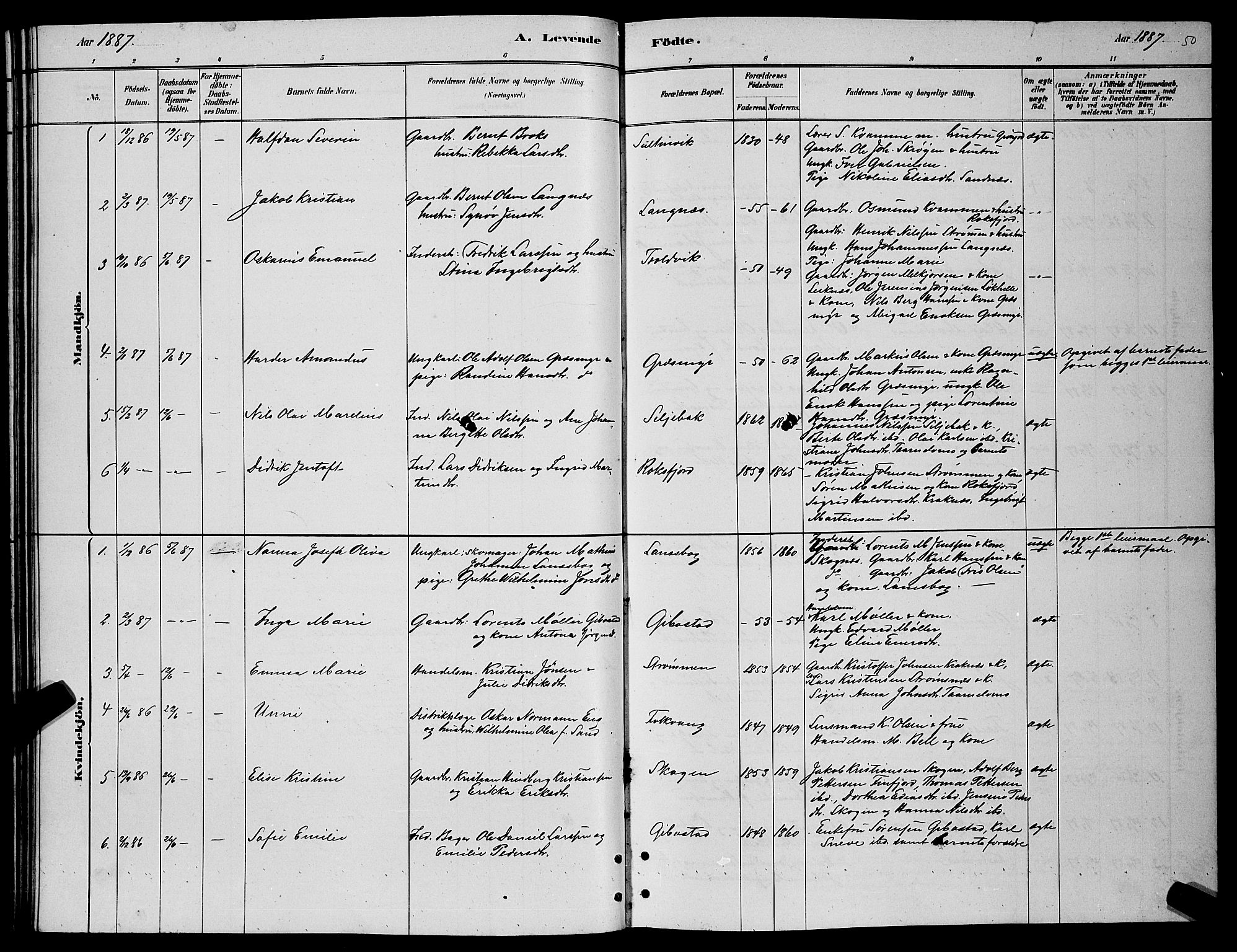 Lenvik sokneprestembete, SATØ/S-1310/H/Ha/Hab/L0006klokker: Parish register (copy) no. 6, 1881-1889, p. 50