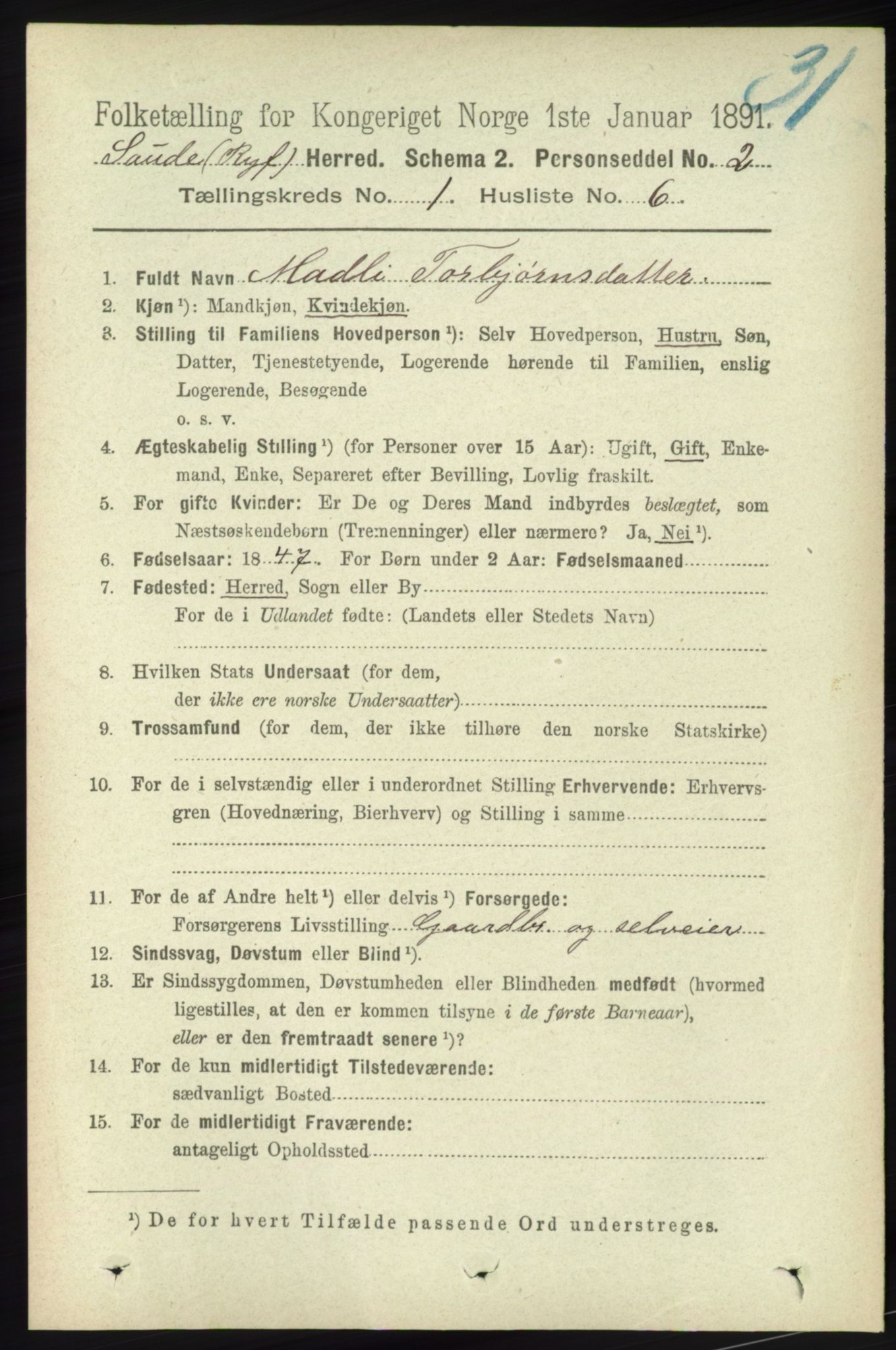 RA, 1891 census for 1135 Sauda, 1891, p. 135