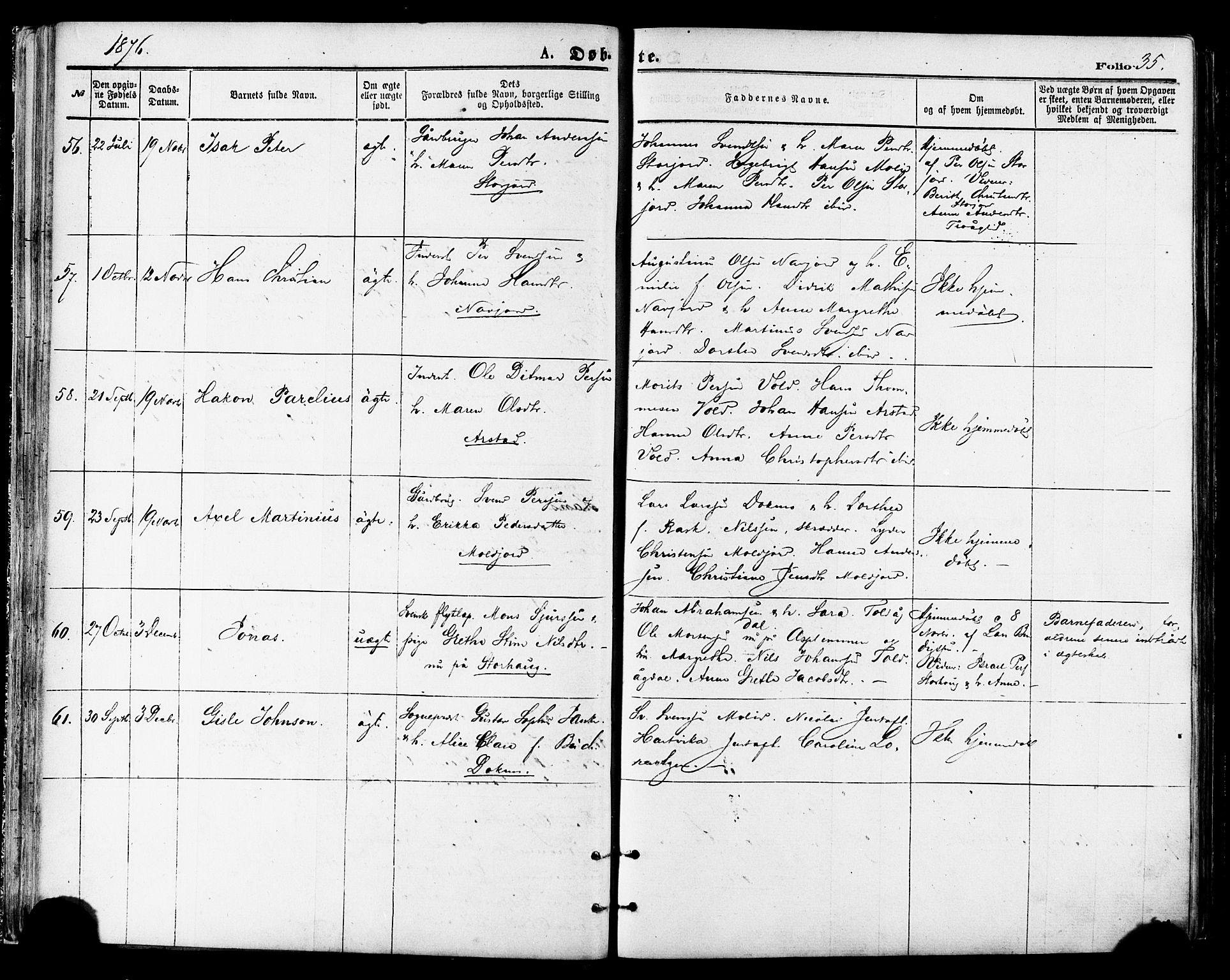 Ministerialprotokoller, klokkerbøker og fødselsregistre - Nordland, AV/SAT-A-1459/846/L0645: Parish register (official) no. 846A03, 1872-1886, p. 35