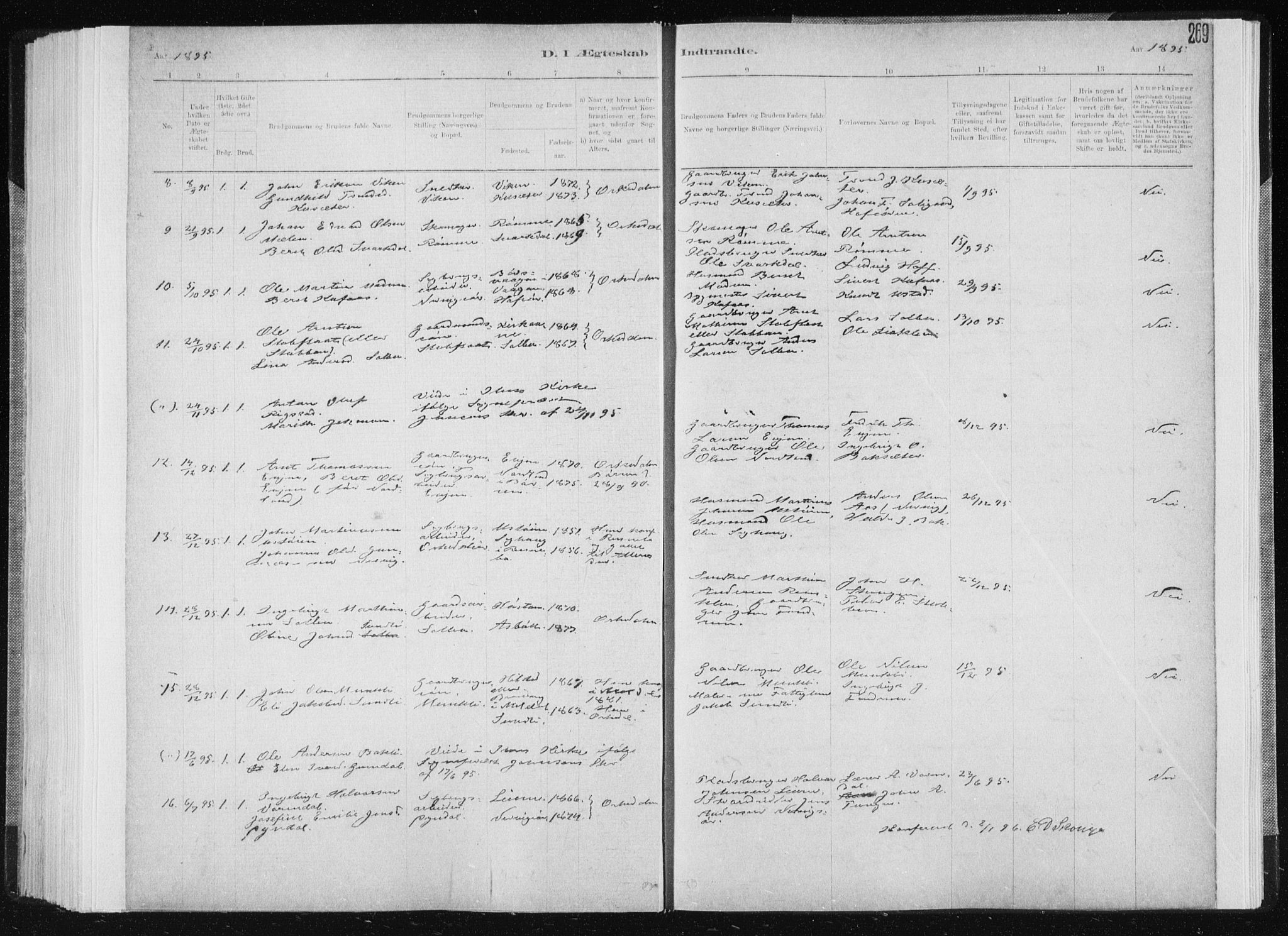 Ministerialprotokoller, klokkerbøker og fødselsregistre - Sør-Trøndelag, SAT/A-1456/668/L0818: Parish register (copy) no. 668C07, 1885-1898, p. 269