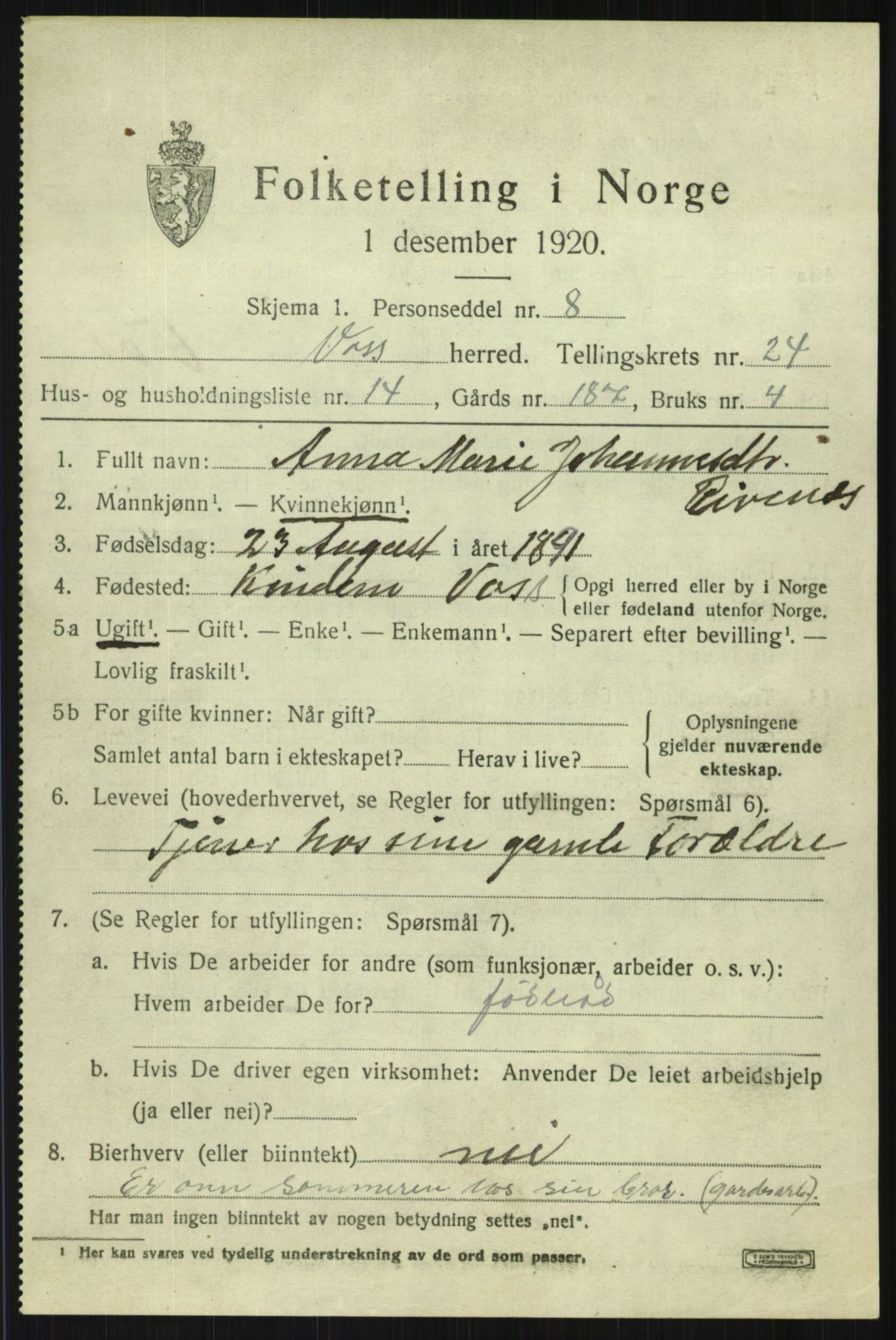 SAB, 1920 census for Voss, 1920, p. 16265