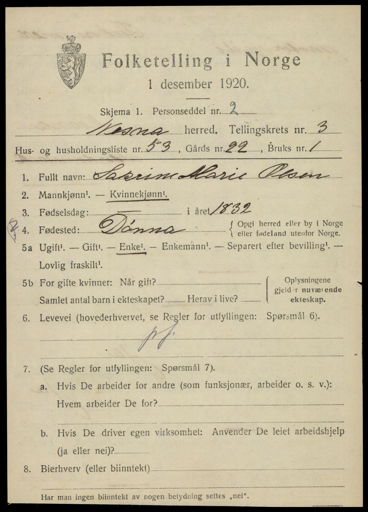 SAT, 1920 census for Nesna, 1920, p. 3237