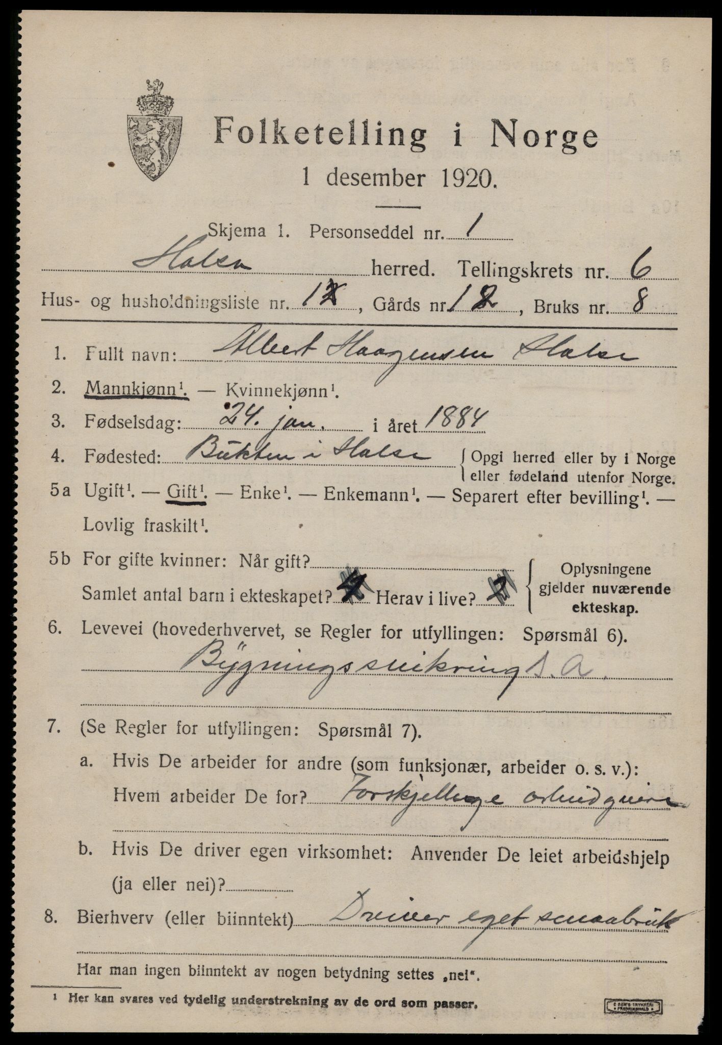 SAT, 1920 census for Halsa, 1920, p. 2221