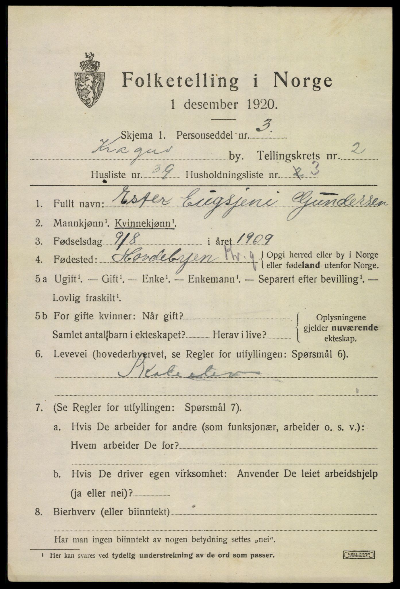 SAKO, 1920 census for Kragerø, 1920, p. 5833