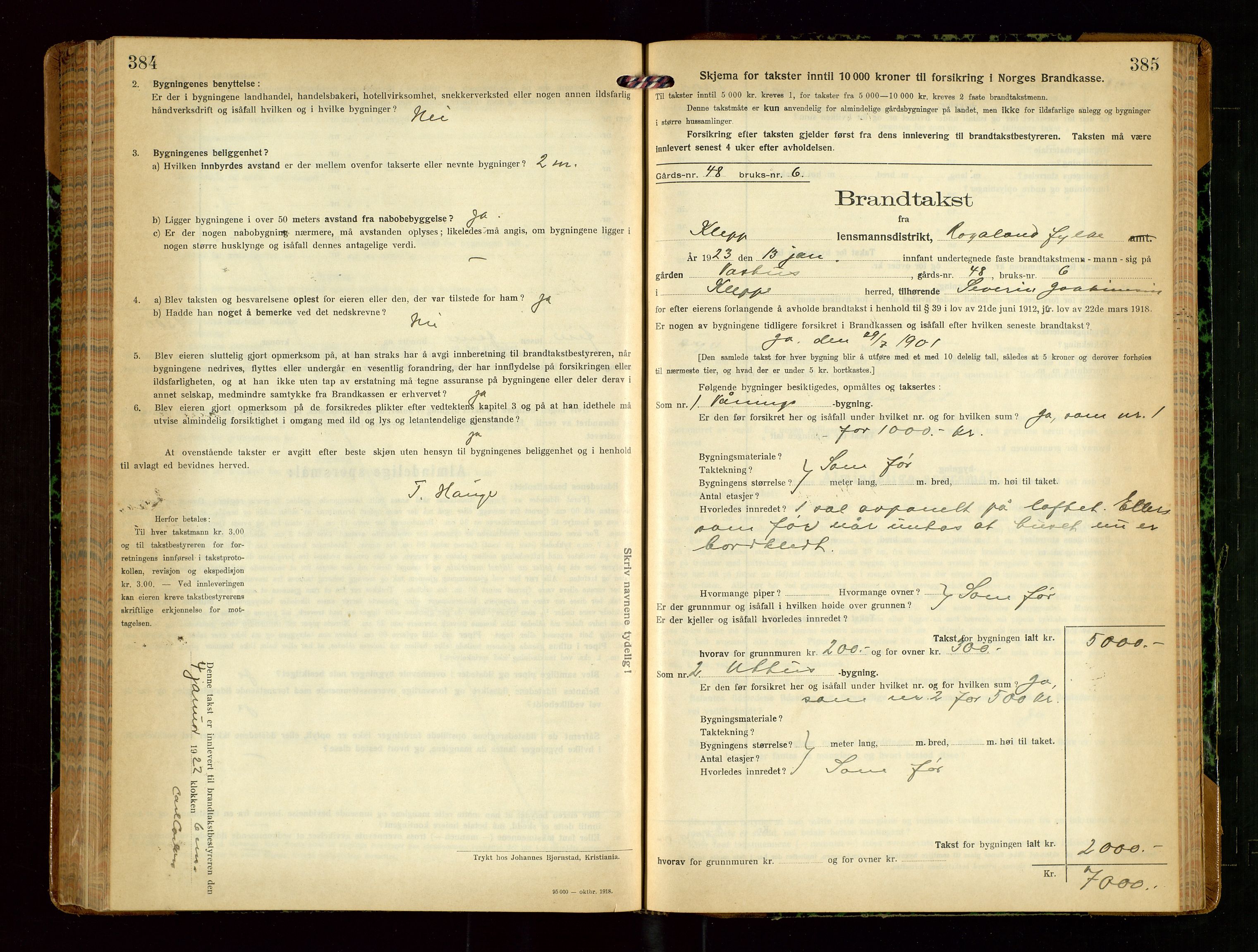 Klepp lensmannskontor, SAST/A-100163/Goc/L0010: "Brandtakstprotokoll" m/register, 1919-1924, p. 384-385
