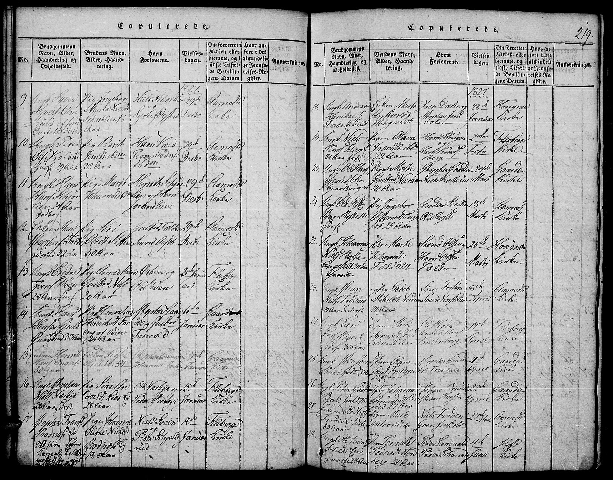 Land prestekontor, SAH/PREST-120/H/Ha/Hab/L0001: Parish register (copy) no. 1, 1814-1833, p. 219