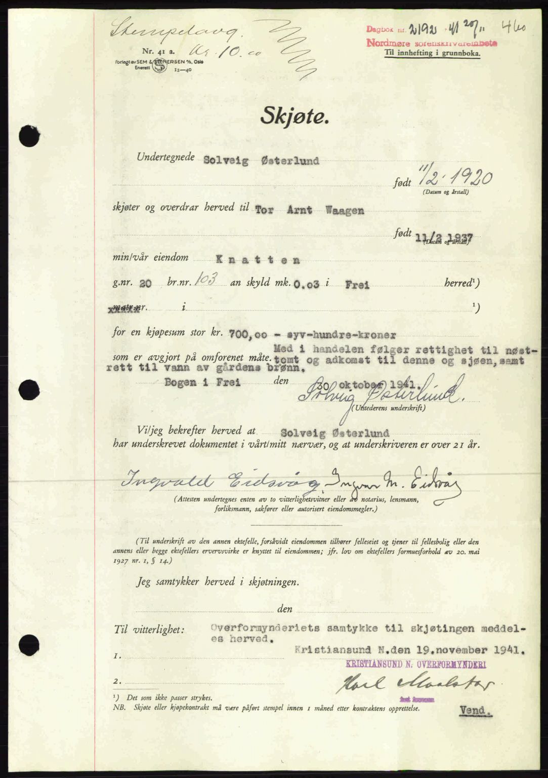 Nordmøre sorenskriveri, AV/SAT-A-4132/1/2/2Ca: Mortgage book no. A91, 1941-1942, Diary no: : 2192/1941