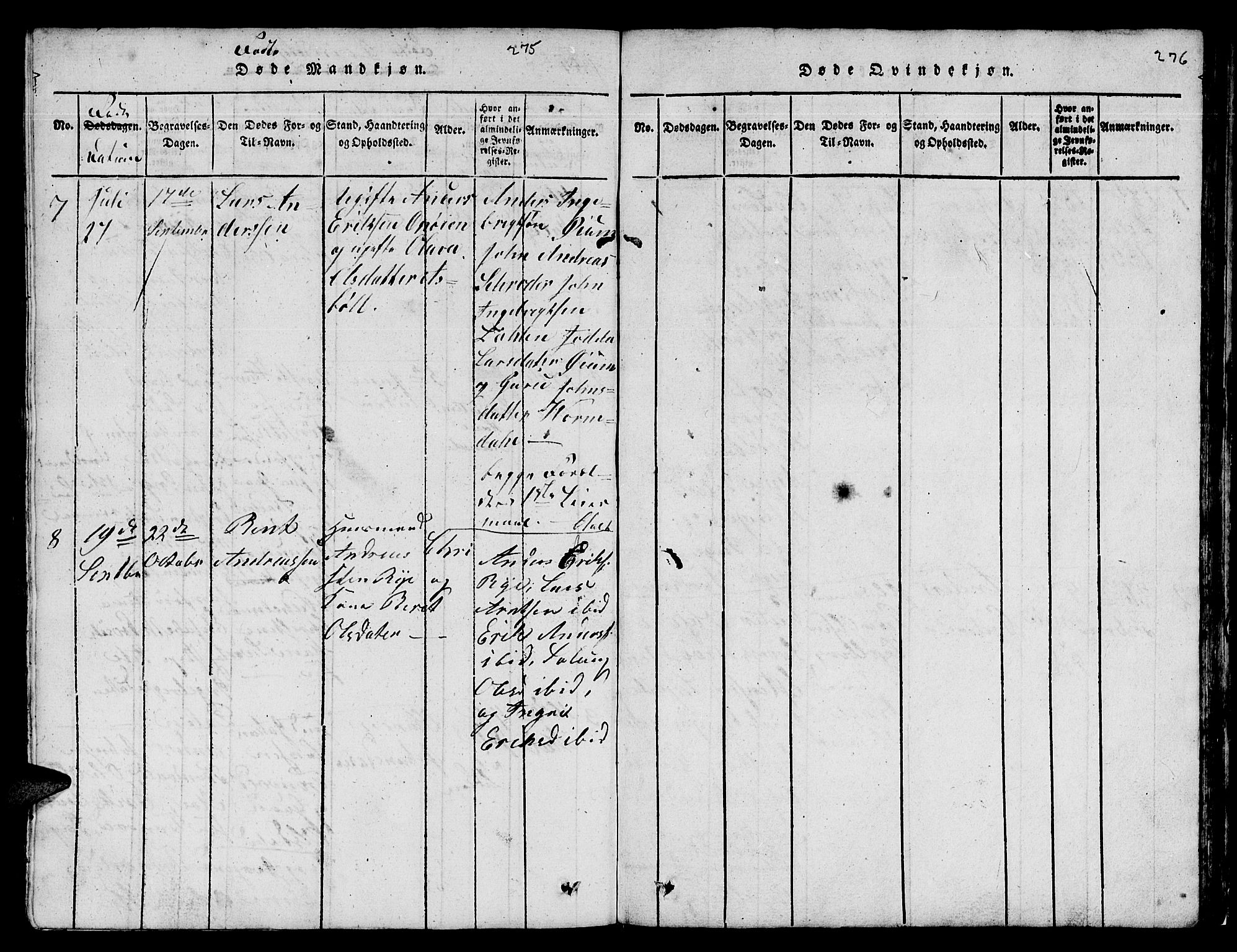 Ministerialprotokoller, klokkerbøker og fødselsregistre - Sør-Trøndelag, SAT/A-1456/671/L0842: Parish register (copy) no. 671C01, 1816-1867, p. 275-276