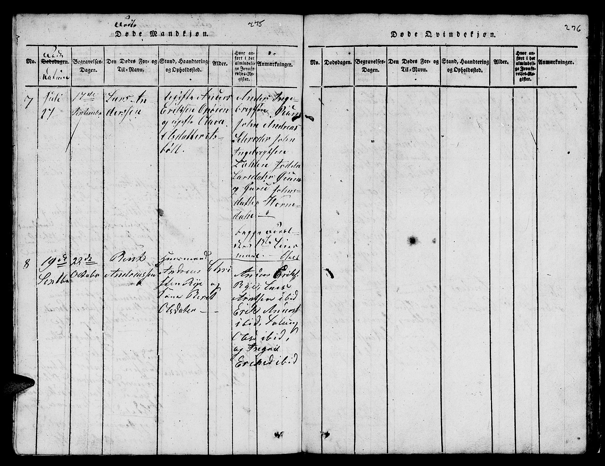 Ministerialprotokoller, klokkerbøker og fødselsregistre - Sør-Trøndelag, AV/SAT-A-1456/671/L0842: Parish register (copy) no. 671C01, 1816-1867, p. 275-276