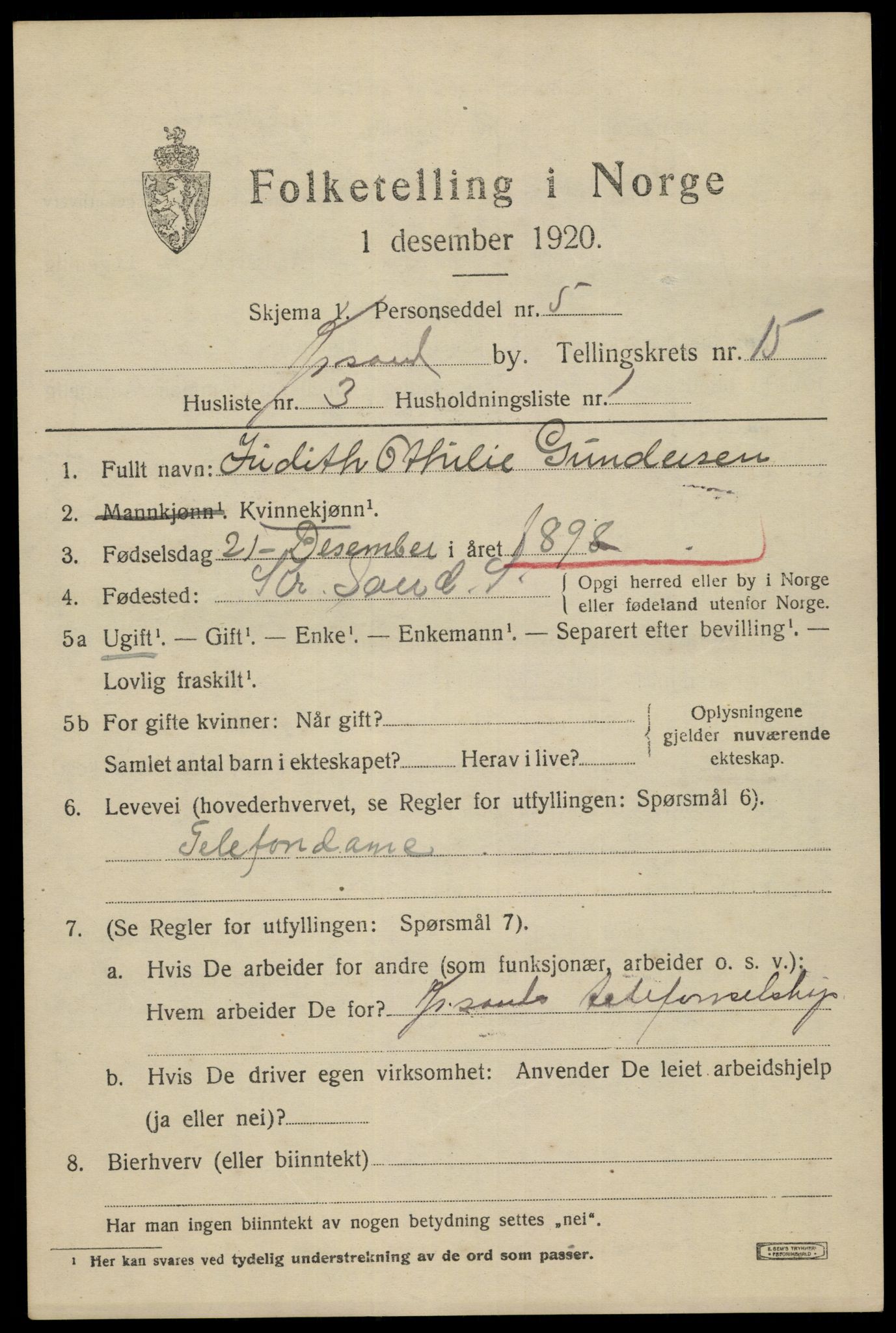 SAK, 1920 census for Kristiansand, 1920, p. 30037