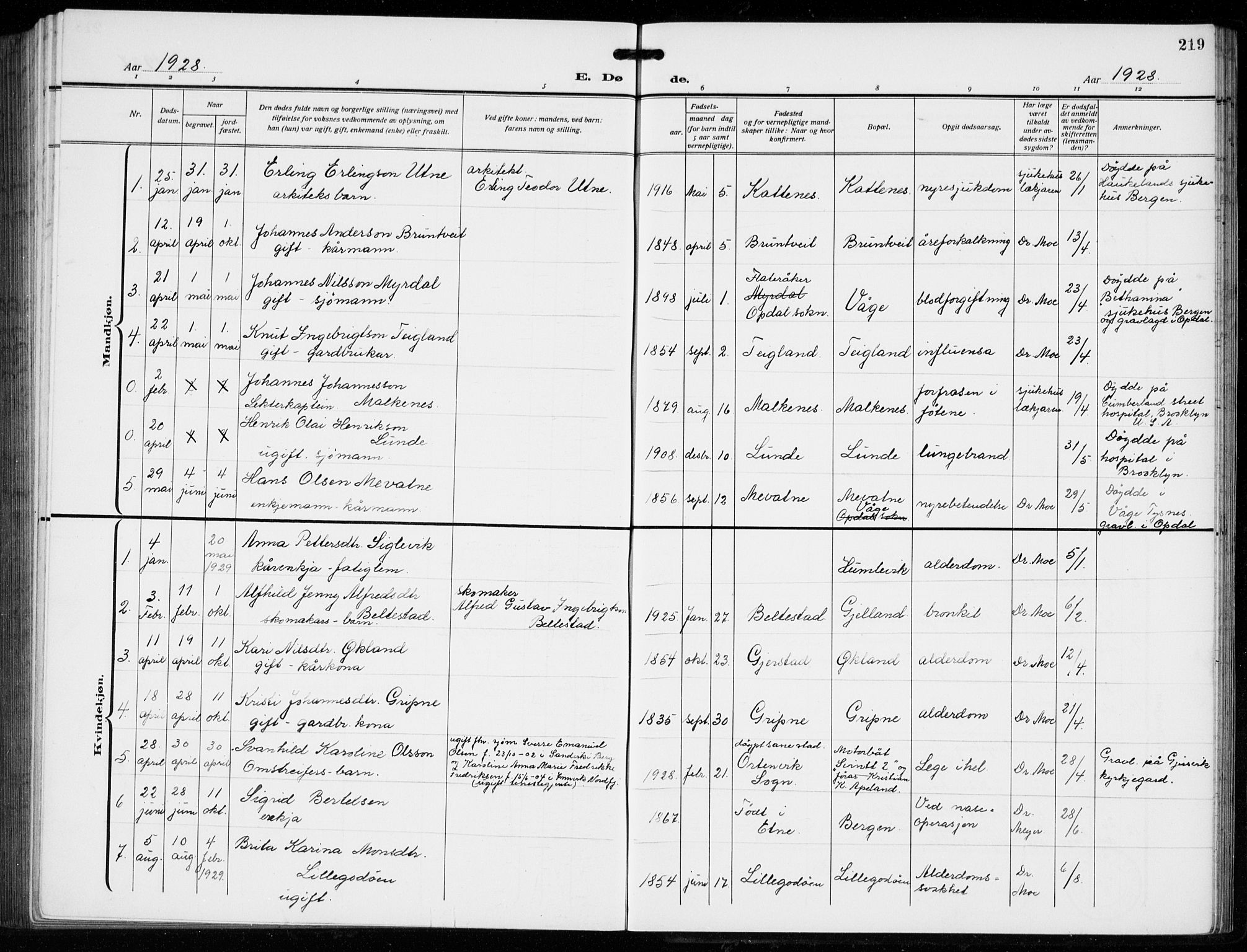 Tysnes sokneprestembete, AV/SAB-A-78601/H/Hab: Parish register (copy) no. B  3, 1918-1935, p. 219