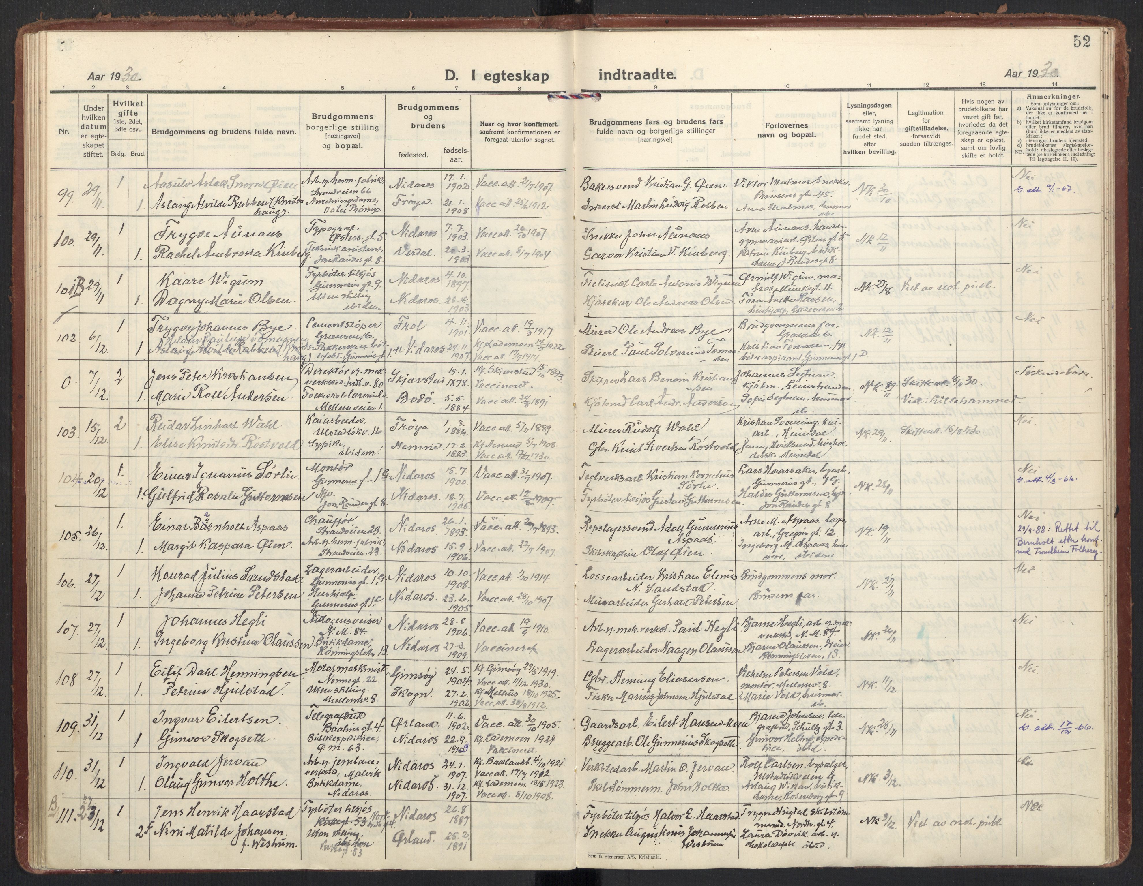 Ministerialprotokoller, klokkerbøker og fødselsregistre - Sør-Trøndelag, SAT/A-1456/605/L0249: Parish register (official) no. 605A11, 1925-1936, p. 52