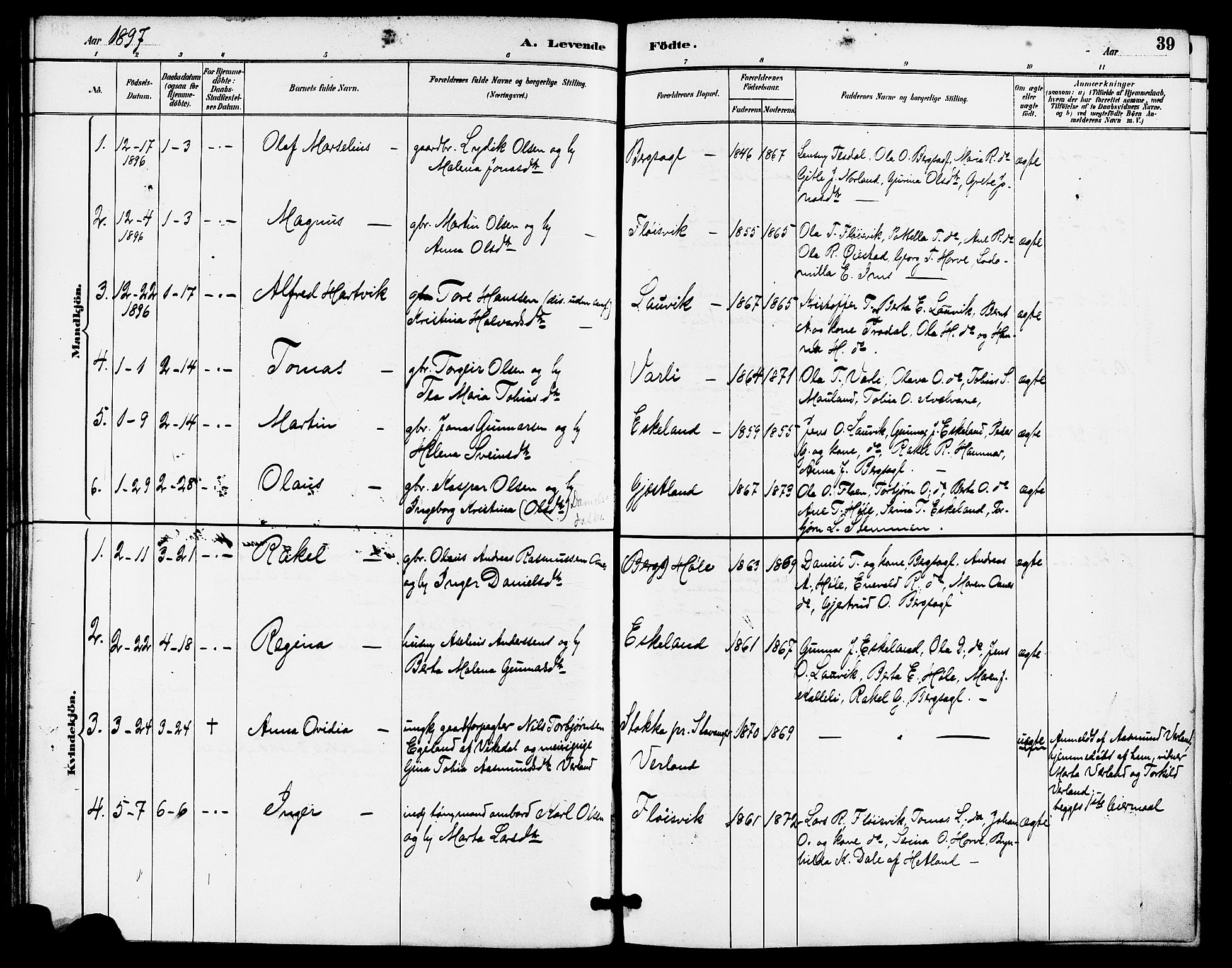 Høgsfjord sokneprestkontor, AV/SAST-A-101624/H/Ha/Haa/L0005: Parish register (official) no. A 5, 1885-1897, p. 39