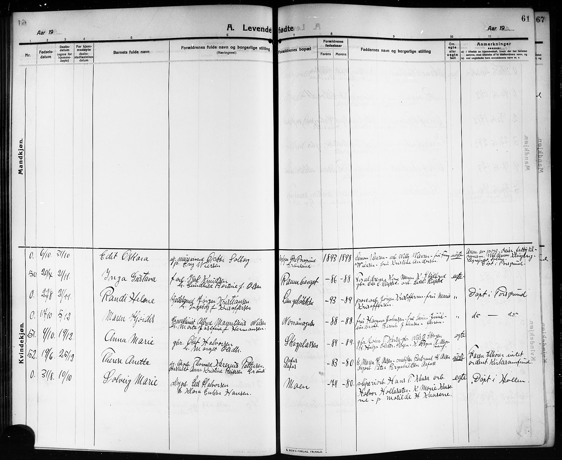 Solum kirkebøker, SAKO/A-306/G/Ga/L0009: Parish register (copy) no. I 9, 1909-1922, p. 61