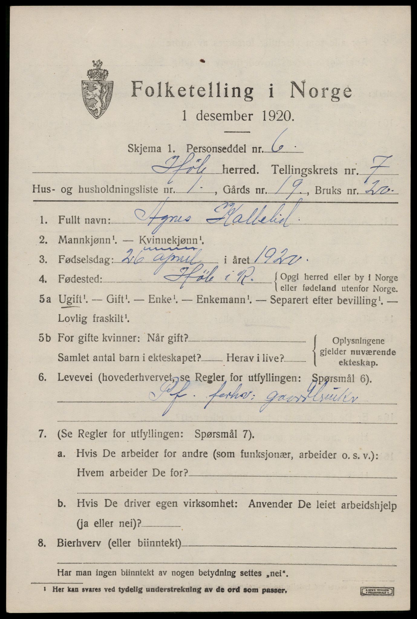 SAST, 1920 census for Høle, 1920, p. 2025