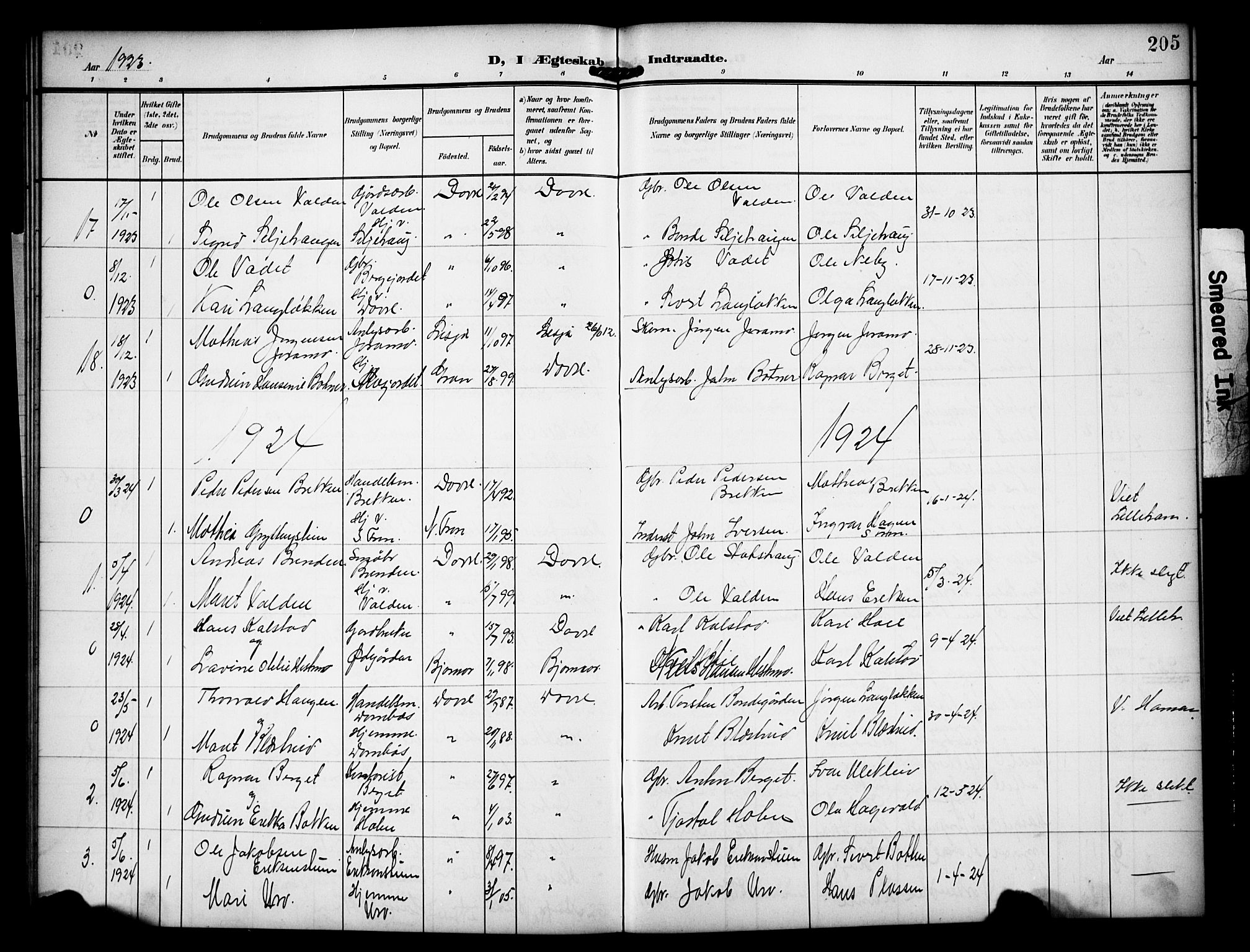 Dovre prestekontor, AV/SAH-PREST-066/H/Ha/Hab/L0003: Parish register (copy) no. 3, 1907-1929, p. 205