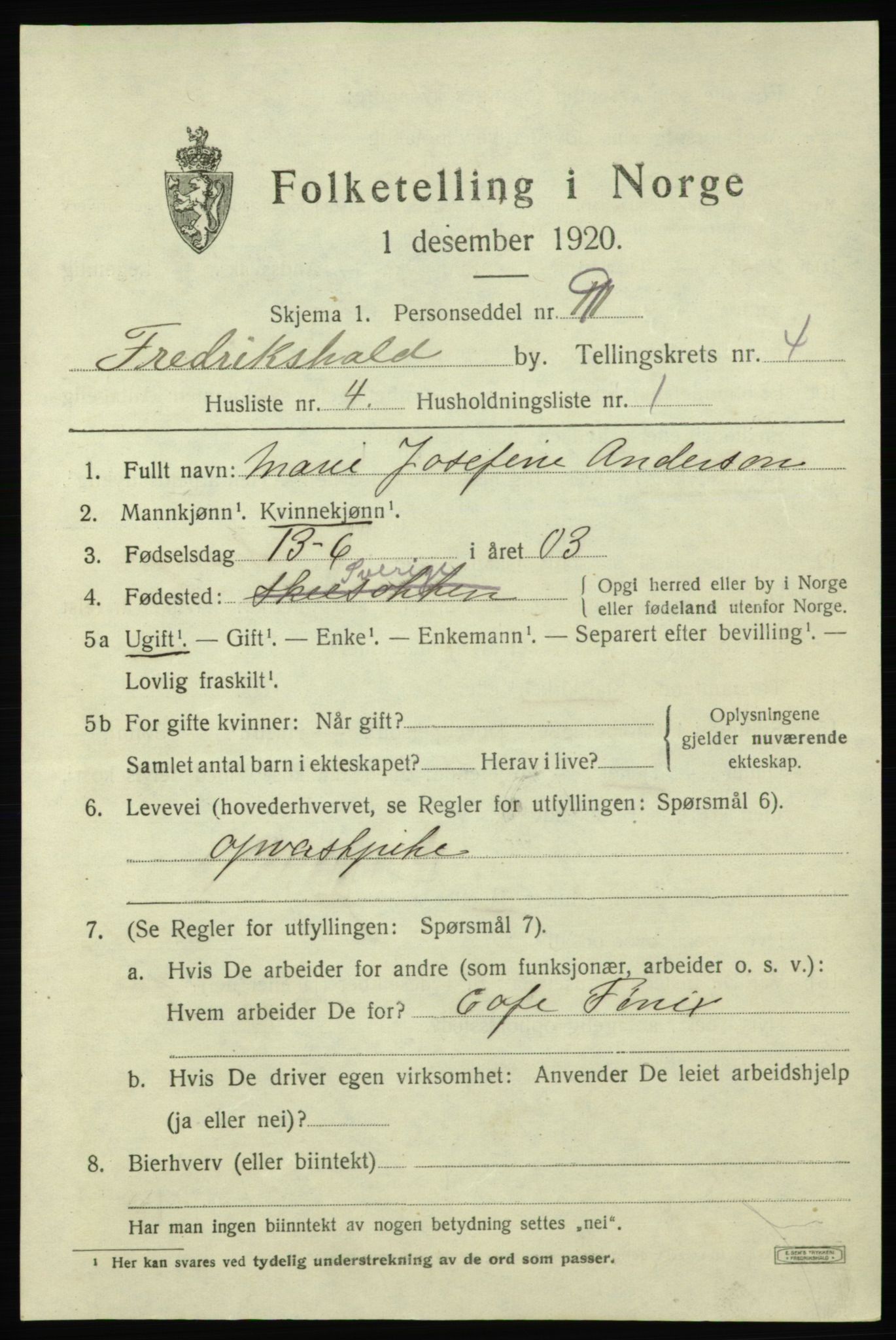 SAO, 1920 census for Fredrikshald, 1920, p. 11343