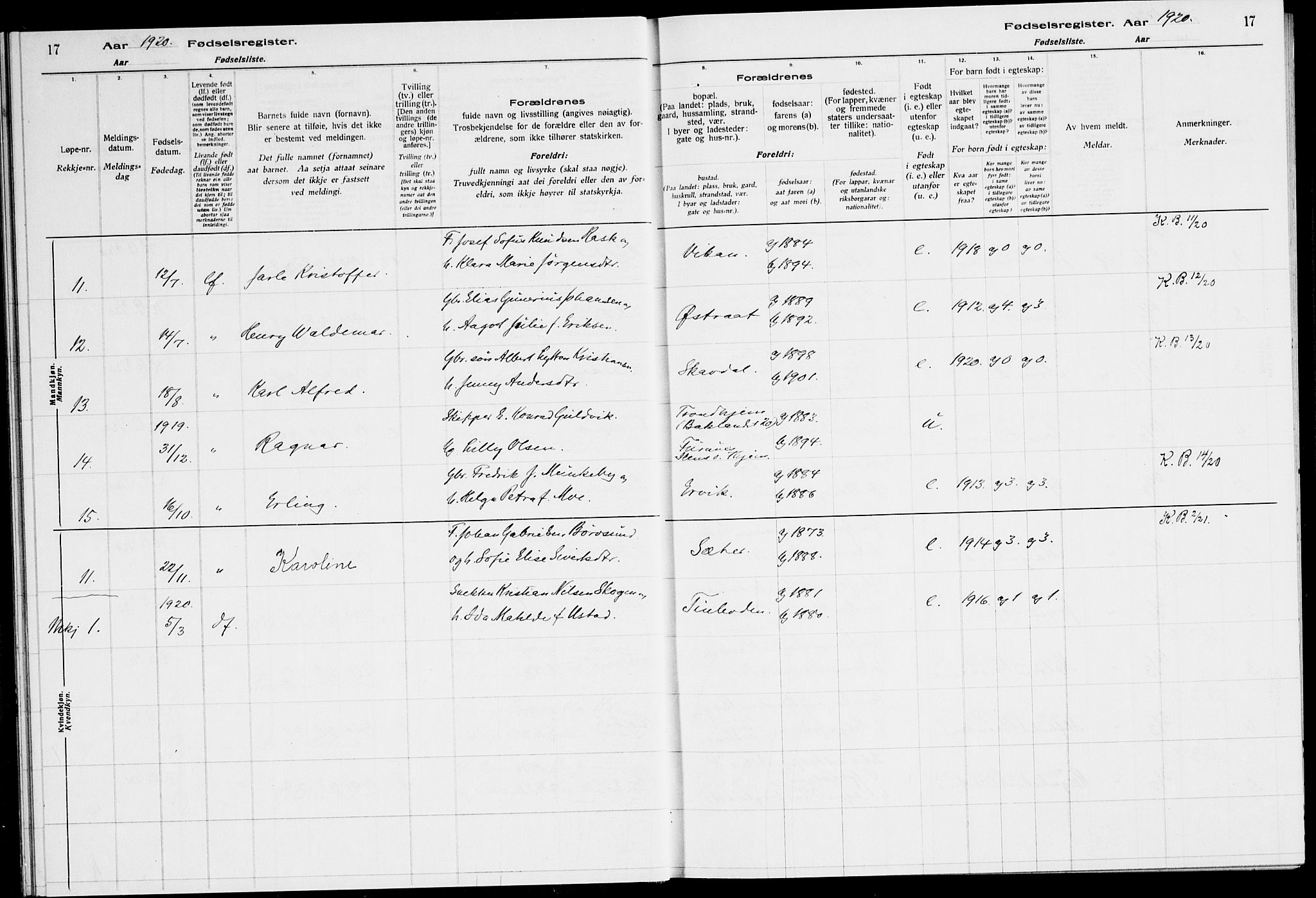 Ministerialprotokoller, klokkerbøker og fødselsregistre - Sør-Trøndelag, AV/SAT-A-1456/651/L0650: Birth register no. 651.II.4.1, 1916-1923, p. 17