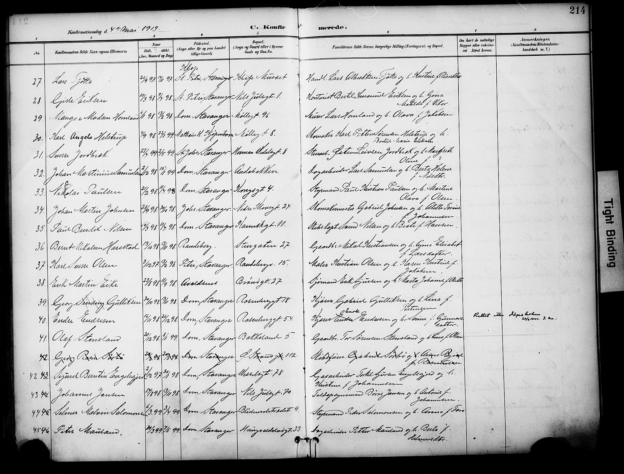 Domkirken sokneprestkontor, AV/SAST-A-101812/001/30/30BA/L0031: Parish register (official) no. A 30, 1896-1916, p. 214