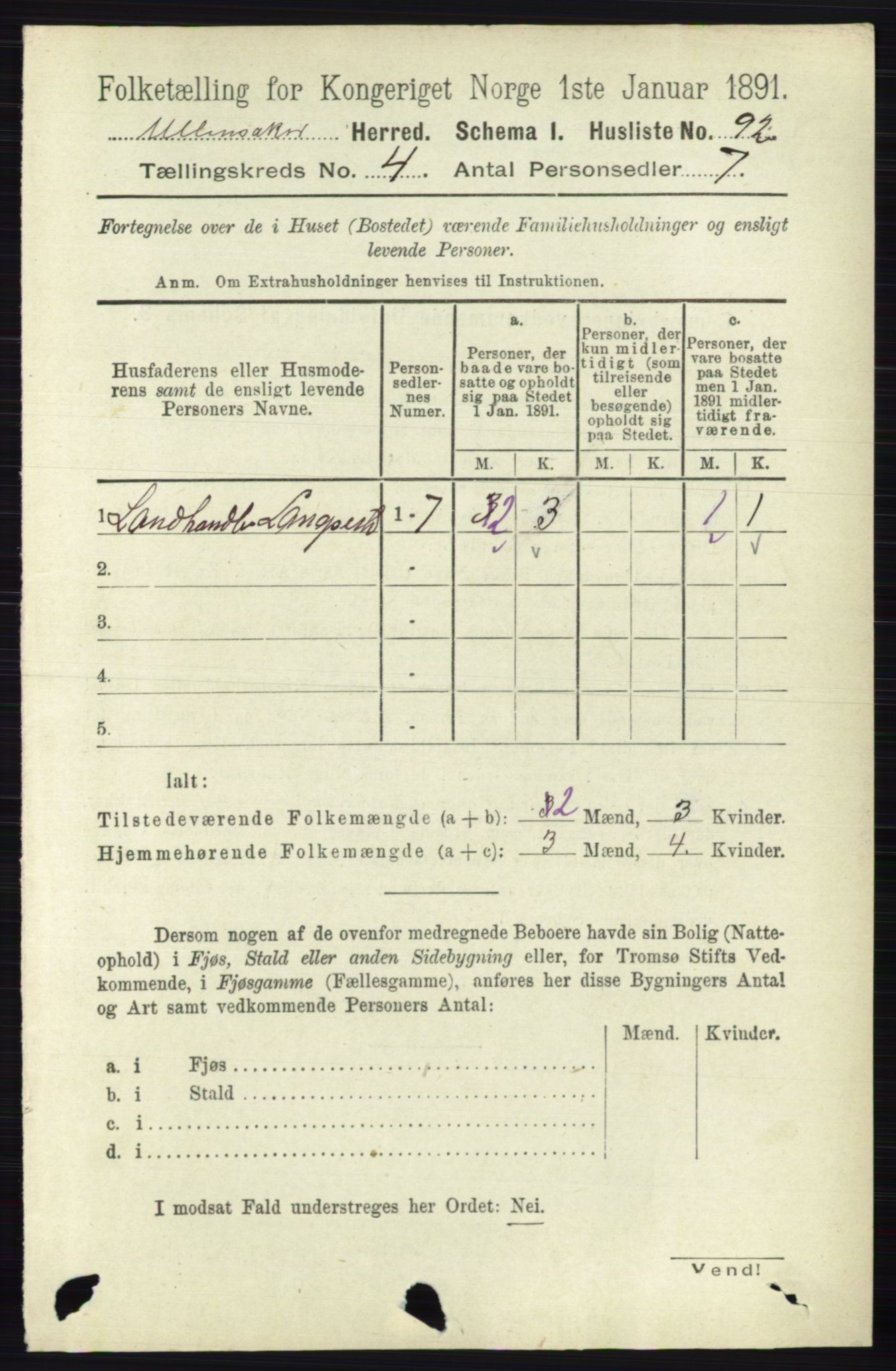 RA, 1891 census for 0235 Ullensaker, 1891, p. 1526