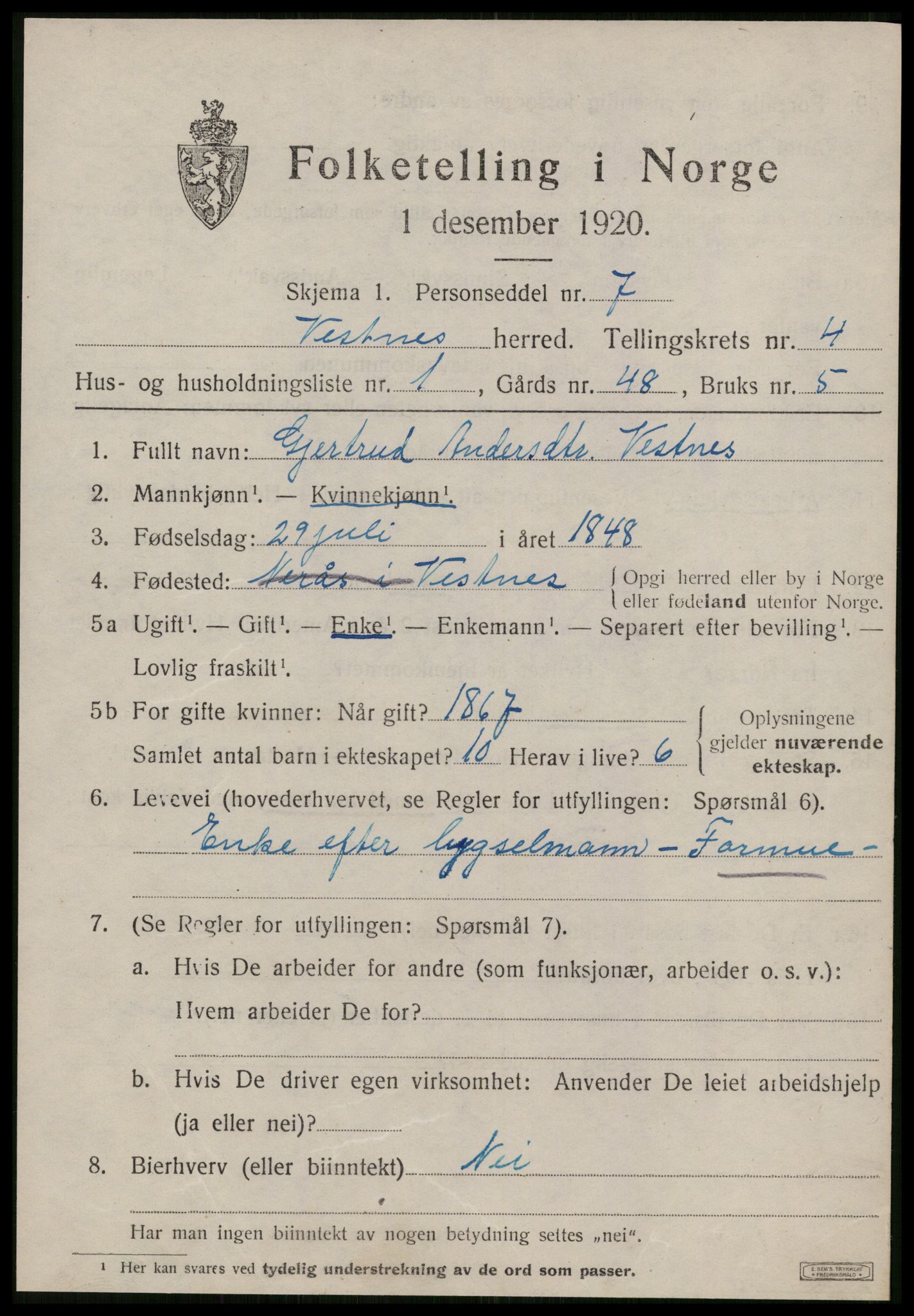 SAT, 1920 census for Vestnes, 1920, p. 3413