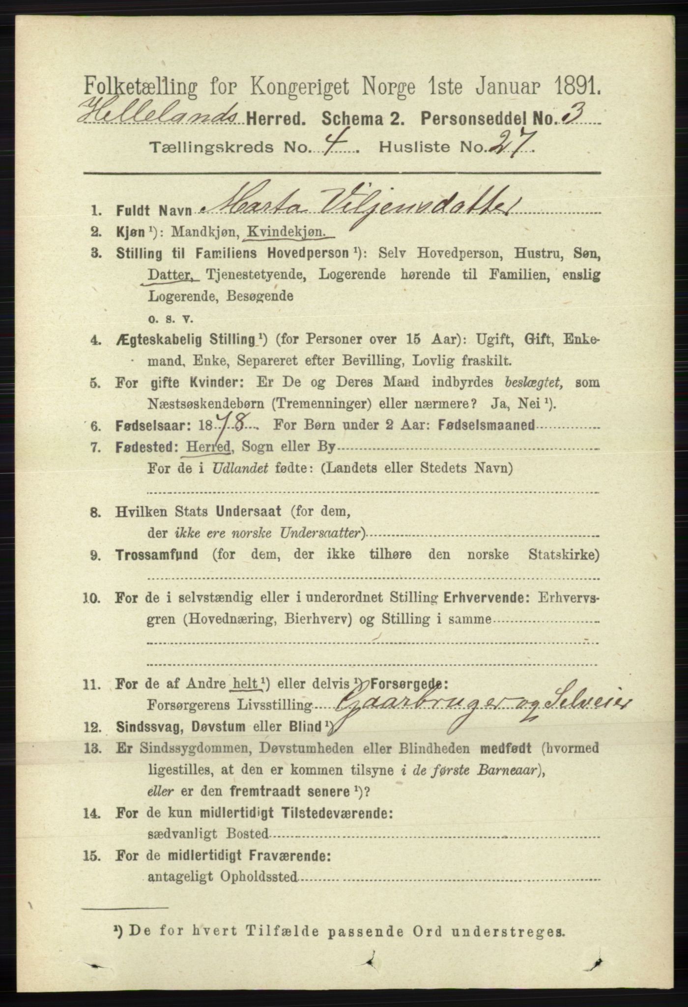 RA, 1891 census for 1115 Helleland, 1891, p. 1323