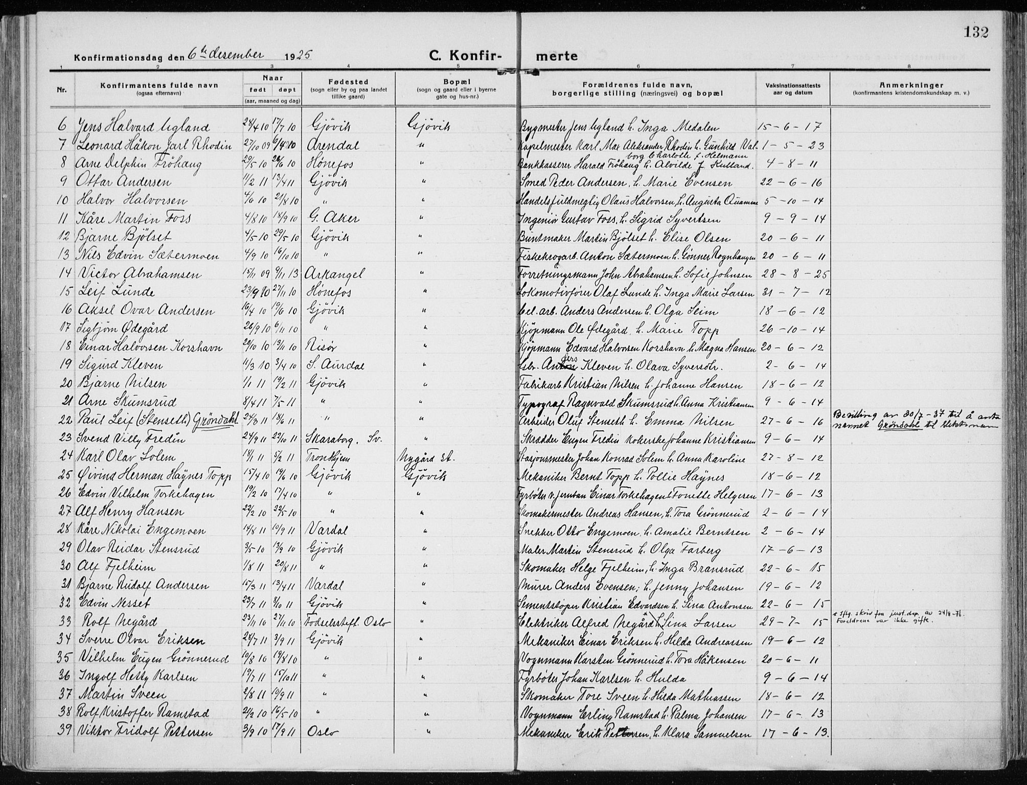 Vardal prestekontor, SAH/PREST-100/H/Ha/Haa/L0015: Parish register (official) no. 15, 1923-1937, p. 132